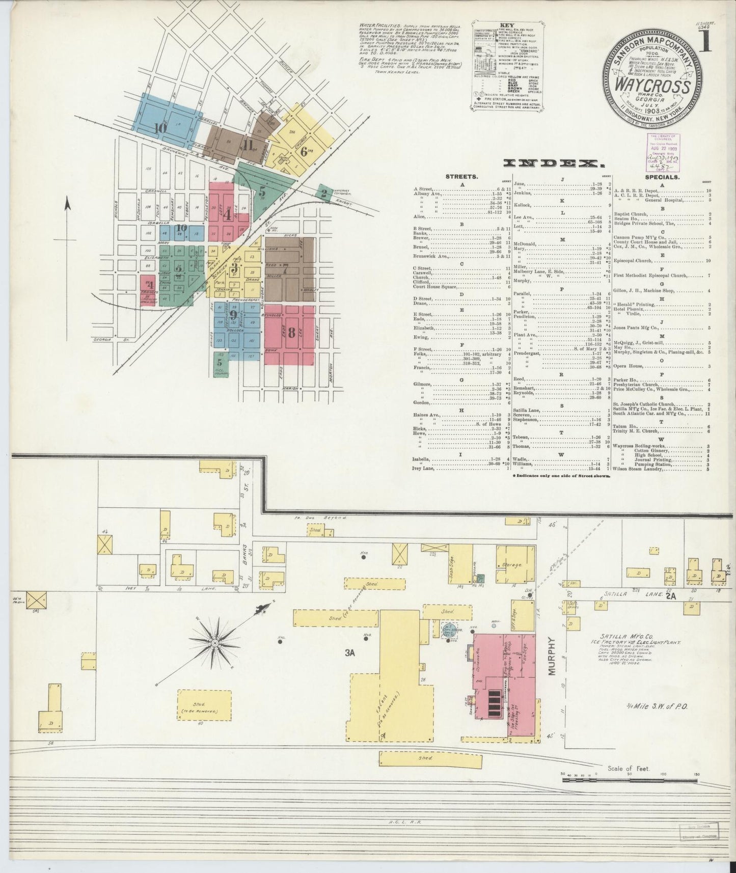 Sanborn Fire Insurance Map from Waycross, Ware County, Georgia (1903), Sheet #0001 - Historic Sanborn Fire Insurance Map Print, vintage old map wall art, antique decor, genealogy gift, Georgia Georgia map