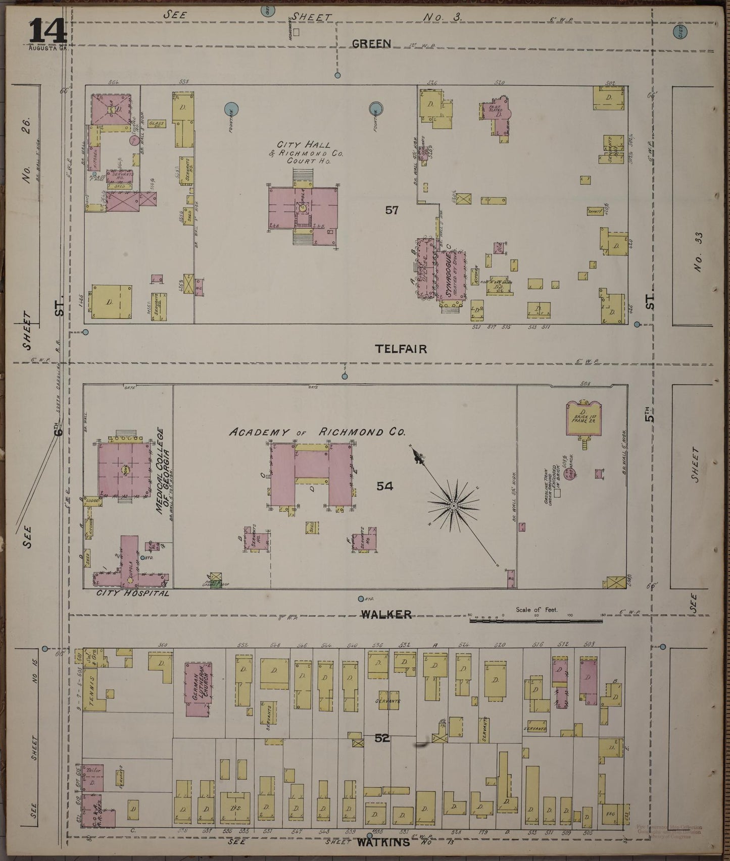 Sanborn Fire Insurance Map from Augusta, Richmond County, Georgia (1890), Sheet #0014 - Historic Sanborn Fire Insurance Map Print, vintage old map wall art, antique decor, genealogy gift, Georgia Georgia map