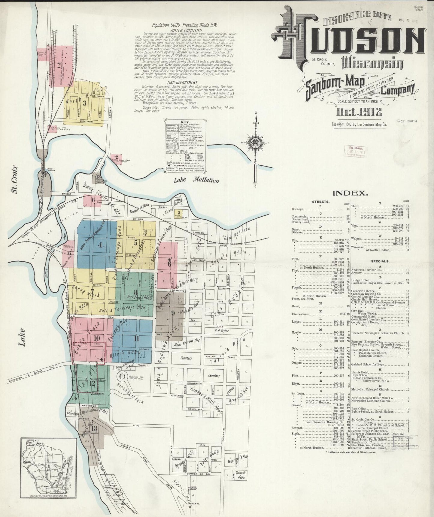 Sanborn Fire Insurance Map from Hudson, St. Croix County, Wisconsin (1912), Sheet #0001 - Historic Sanborn Fire Insurance Map Print, vintage old map wall art, antique decor, genealogy gift, Wisconsin Wisconsin map