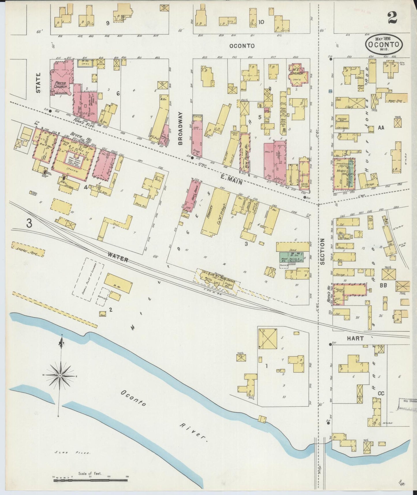 Sanborn Fire Insurance Map from Oconto, Oconto County, Wisconsin (1898), Sheet #0002 - Historic Sanborn Fire Insurance Map Print, vintage old map wall art, antique decor, genealogy gift, Wisconsin Wisconsin map