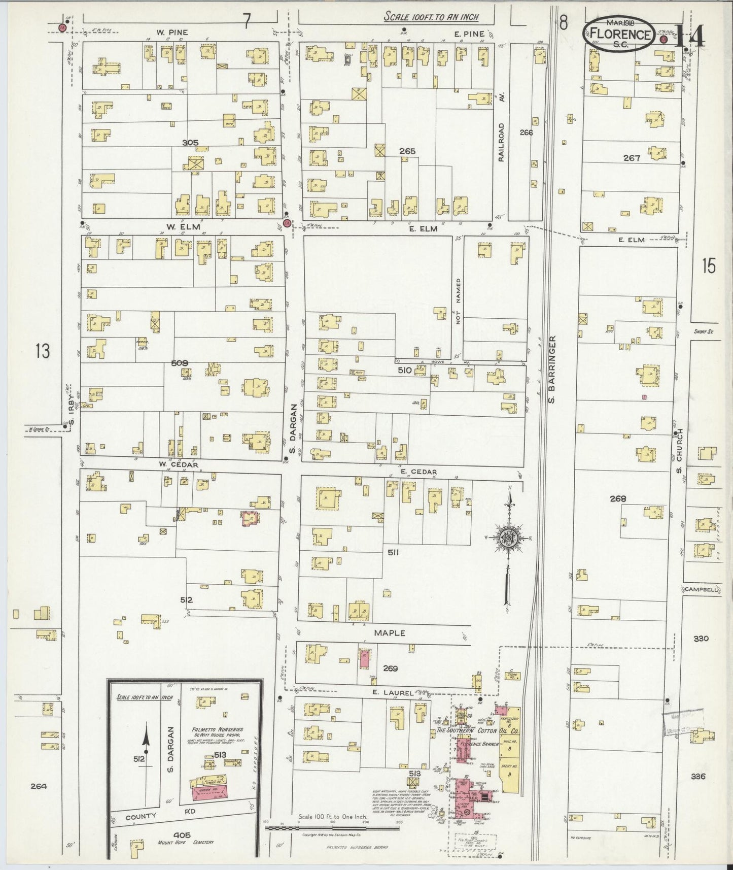 Sanborn Fire Insurance Map from Florence, Florence County, South Carolina (1918), Sheet #0014 - Historic Sanborn Fire Insurance Map Print, vintage old map wall art, antique decor, genealogy gift, South Carolina South Carolina map