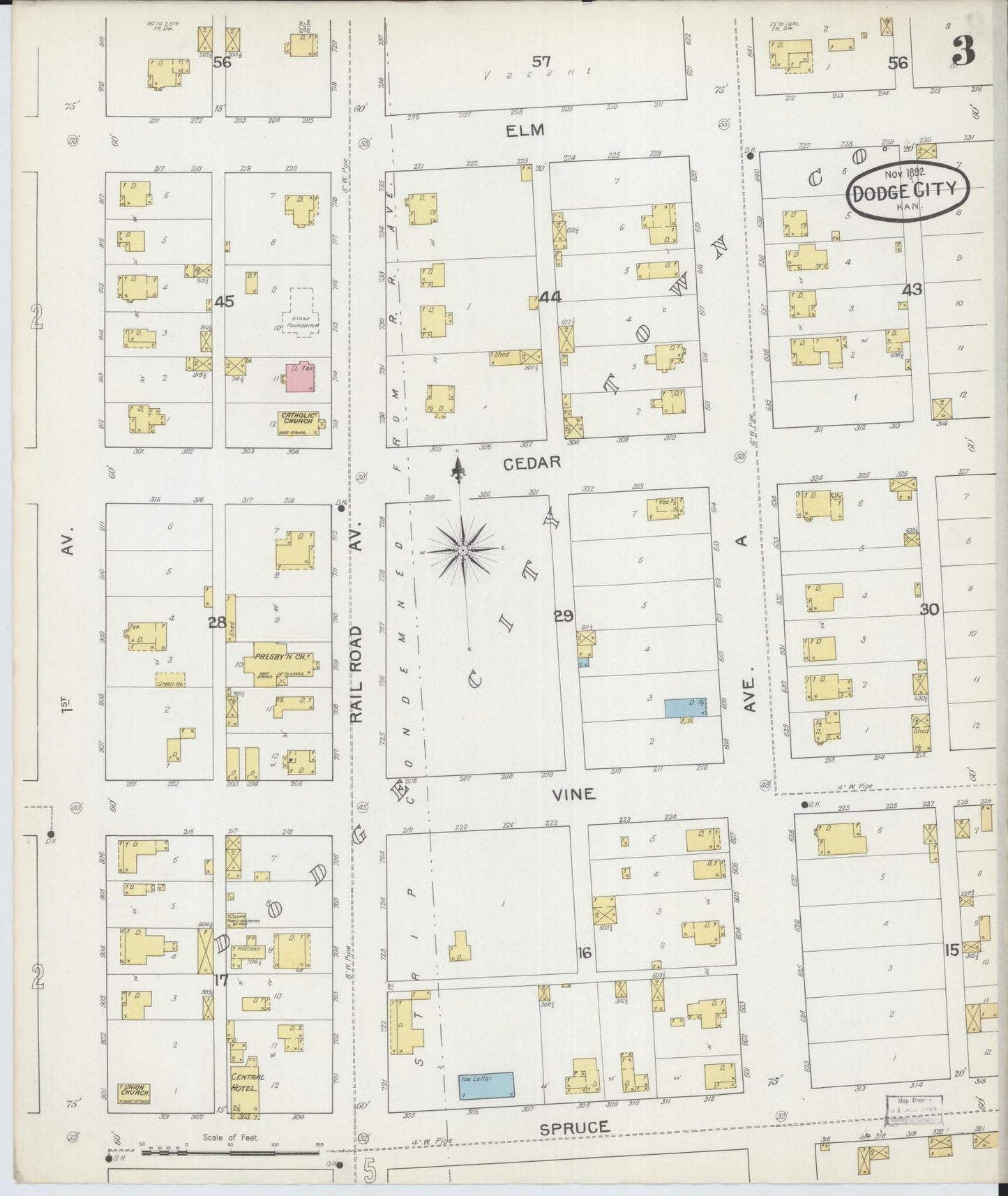 Sanborn Fire Insurance Map from Dodge City, Ford County, Kansas (1892), Sheet #0003 - Historic Sanborn Fire Insurance Map Print, vintage old map wall art, antique decor, genealogy gift, Kansas Kansas map