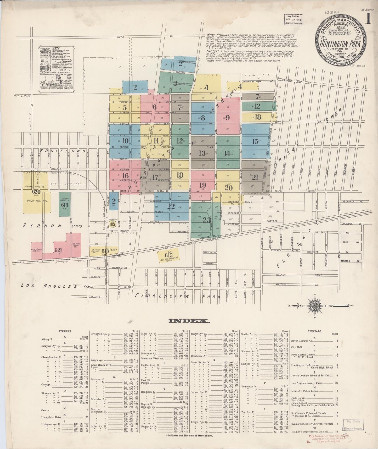 Sanborn Fire Insurance Map from Huntington Park, Los Angeles County, California (1916), Sheet #0001 - Historic Sanborn Fire Insurance Map Print, vintage old map wall art, antique decor, genealogy gift, California California map