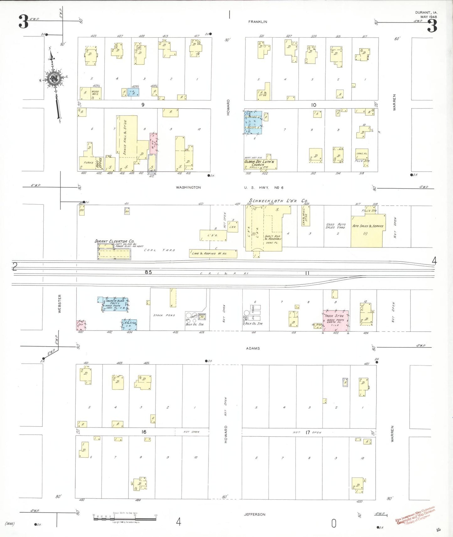 Sanborn Fire Insurance Map from Durant, Cedar County, Iowa (1948), Sheet #0003 - Historic Sanborn Fire Insurance Map Print, vintage old map wall art