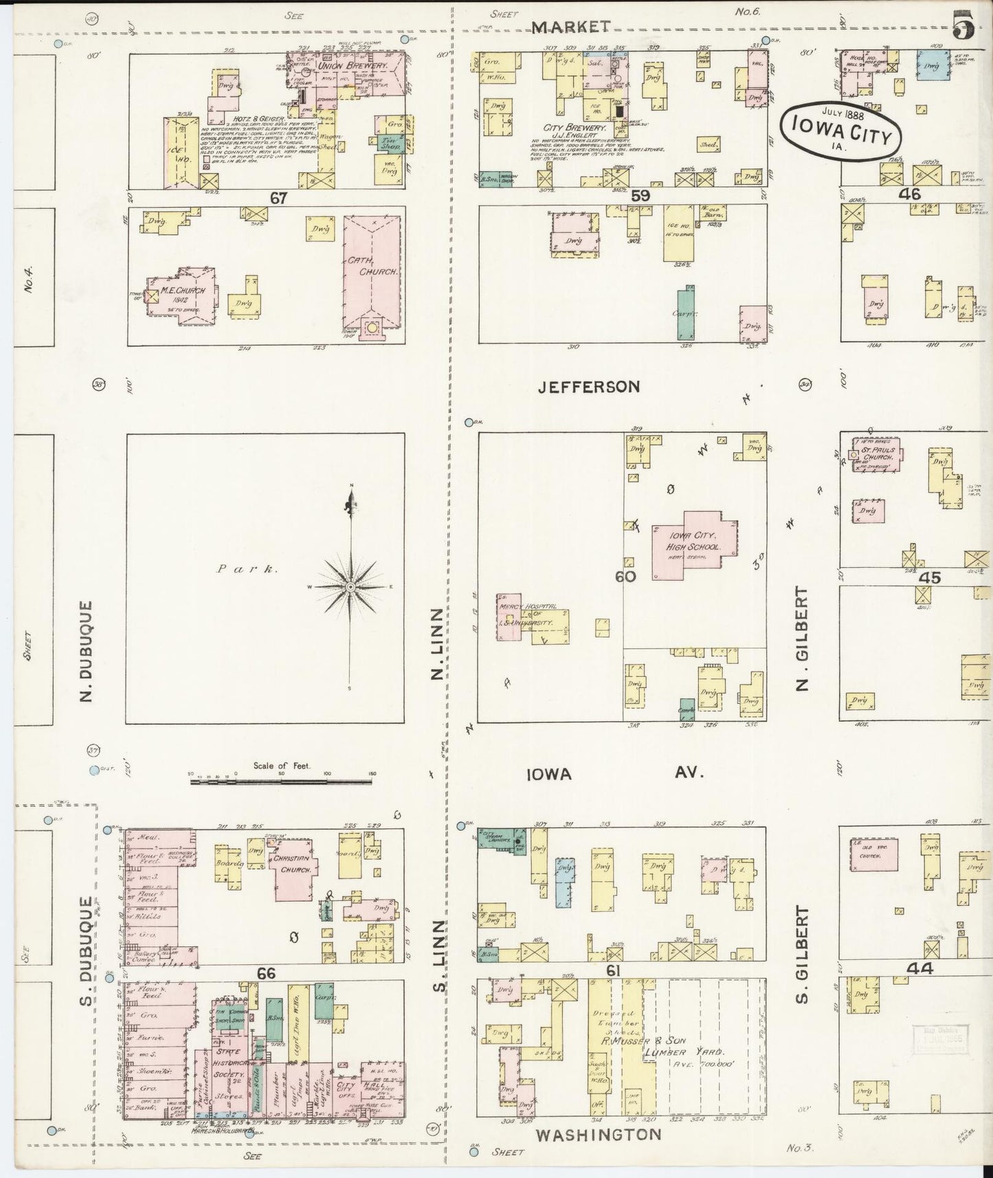 Sanborn Fire Insurance Map from Iowa City, Johnson County, Iowa (1888), Sheet #0005 - Historic Sanborn Fire Insurance Map Print, vintage old map wall art