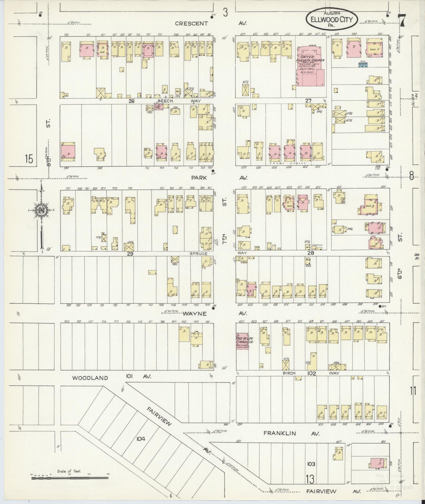 Sanborn Fire Insurance Map from Ellwood City, Lawrence County, Pennsylvania (1914), Sheet #0007 - Historic Sanborn Fire Insurance Map Print, vintage old map wall art, antique decor, genealogy gift, Pennsylvania Pennsylvania map