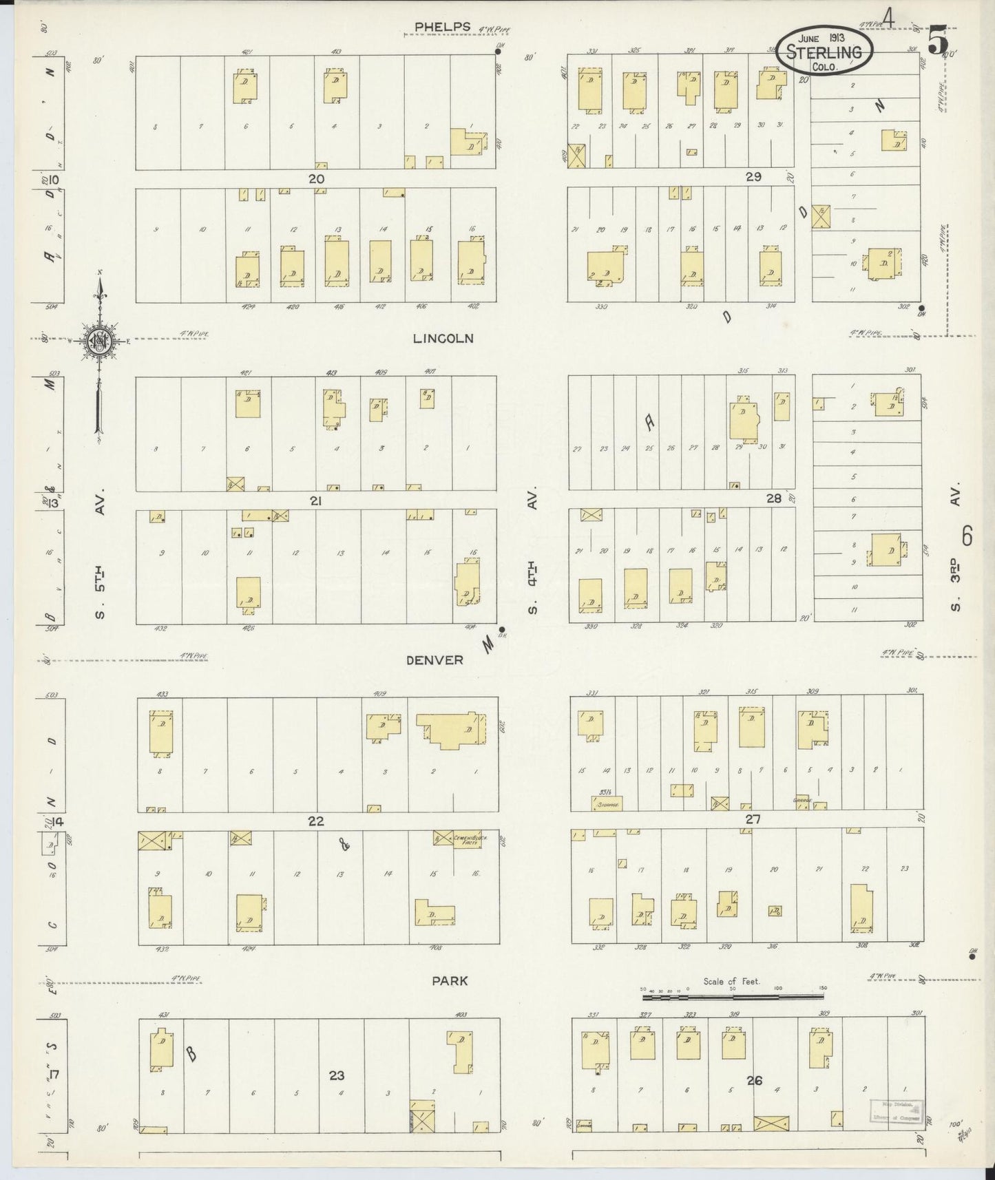 Sanborn Fire Insurance Map from Sterling, Logan County, Colorado (1913), Sheet #0005 - Historic Sanborn Fire Insurance Map Print, vintage old map wall art, antique decor, genealogy gift, Colorado Colorado map