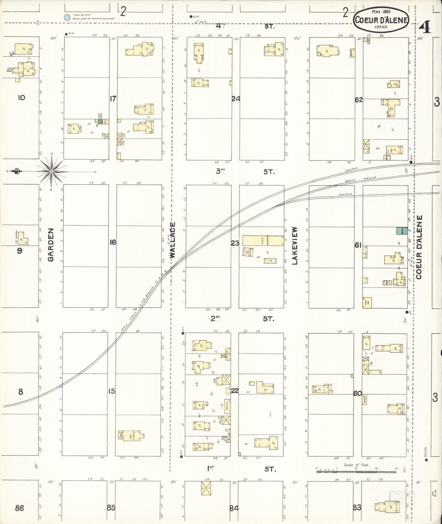 Sanborn Fire Insurance Map from Coeur D'alene, Kootenai County, Idaho (1896), Sheet #0004 - Historic Sanborn Fire Insurance Map Print, vintage old map wall art, antique decor, genealogy gift, Idaho Idaho map