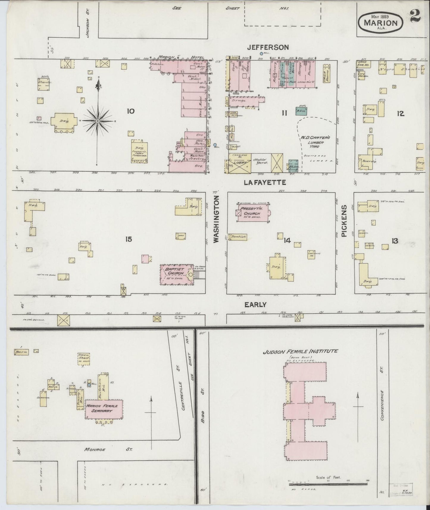 Sanborn Fire Insurance Map from Marion, Perry County, Alabama (1889), Sheet #0002 - Historic Sanborn Fire Insurance Map Print, vintage old map wall art, antique decor, genealogy gift, Alabama Alabama map