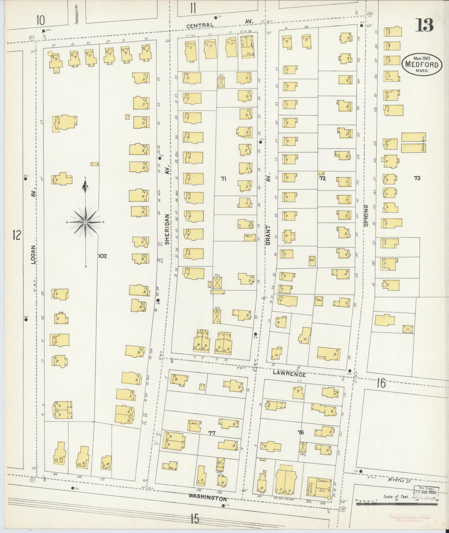 Sanborn Fire Insurance Map from Medford, Middlesex County, Massachusetts (1903), Sheet #0013 - Historic Sanborn Fire Insurance Map Print, vintage old map wall art, antique decor, genealogy gift, Massachusetts Massachusetts map