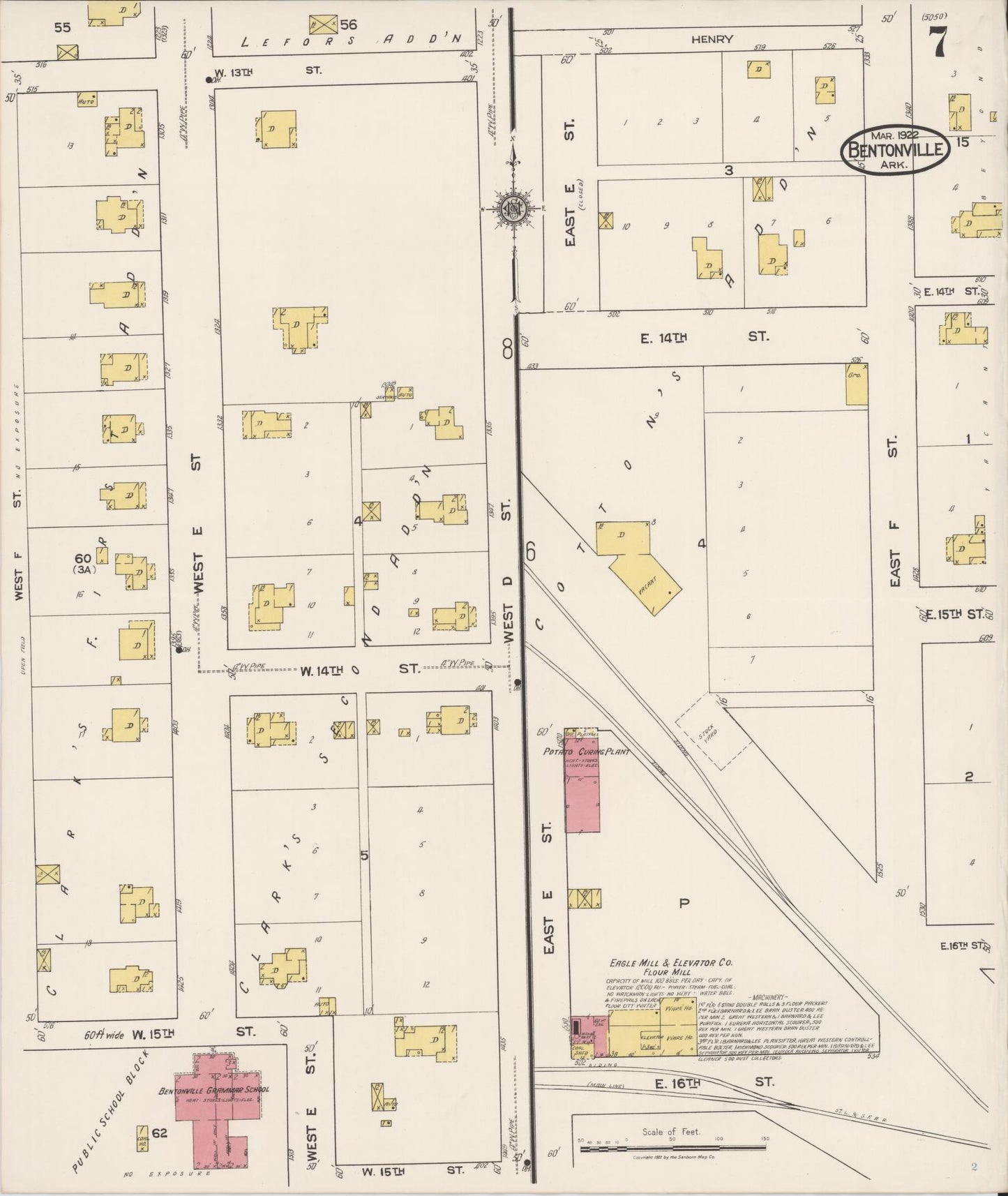 Sanborn Fire Insurance Map from Bentonville, Benton County, Arkansas (1922), Sheet #0007 - Historic Sanborn Fire Insurance Map Print, vintage old map wall art, antique decor, genealogy gift, Arkansas Arkansas map
