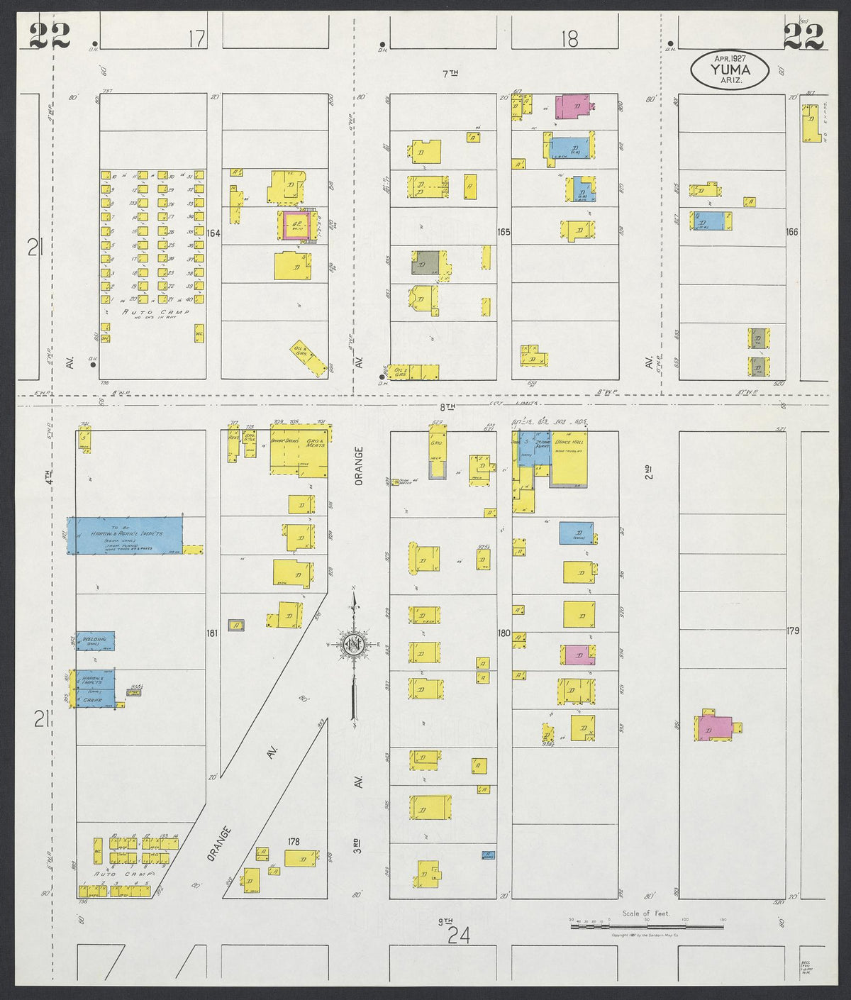 Sanborn Fire Insurance Map from Yuma, Yuma County, Arizona (1927), Sheet #0022 - Historic Sanborn Fire Insurance Map Print, vintage old map wall art, antique decor, genealogy gift, Arizona Arizona map
