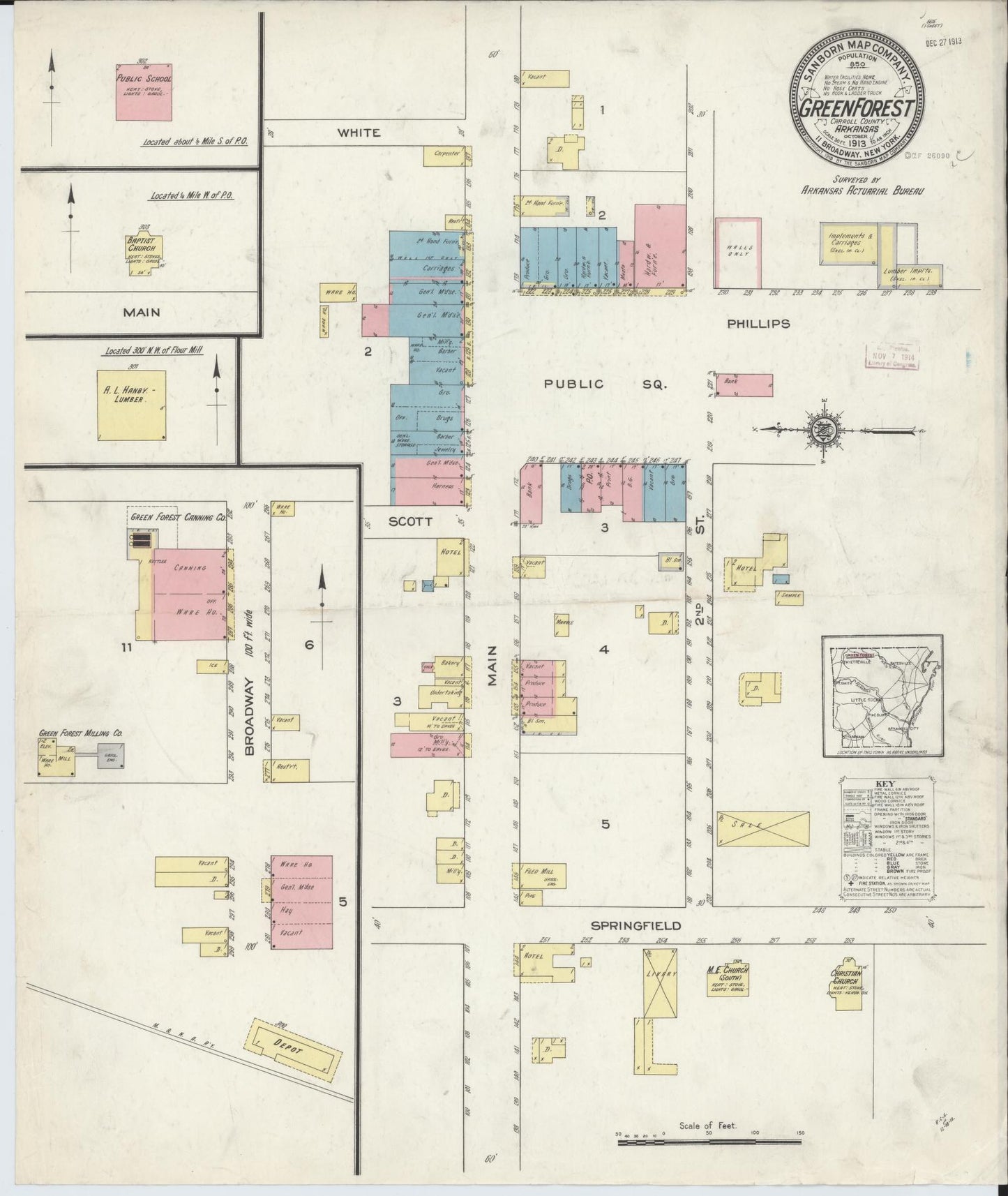 Sanborn Fire Insurance Map from Green Forest, Carroll County, Arkansas (1913), Sheet #0001 - Historic Sanborn Fire Insurance Map Print, vintage old map wall art, antique decor, genealogy gift, Arkansas Arkansas map