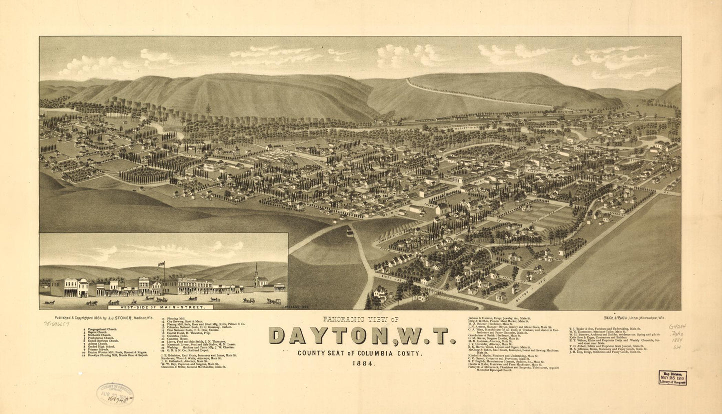 Panoramic view of Dayton, W.T., county seat of Columbia County 1884. (1884) – Historic Bird’s-Eye View Panorama Print