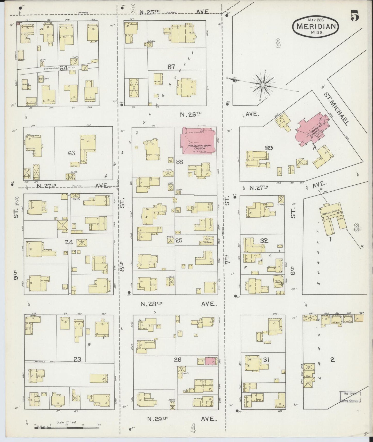 Sanborn Fire Insurance Map from Meridian, Lauderdale County, Mississippi (1893), Sheet #0005 - Historic Sanborn Fire Insurance Map Print, vintage old map wall art, antique decor, genealogy gift, Mississippi Mississippi map