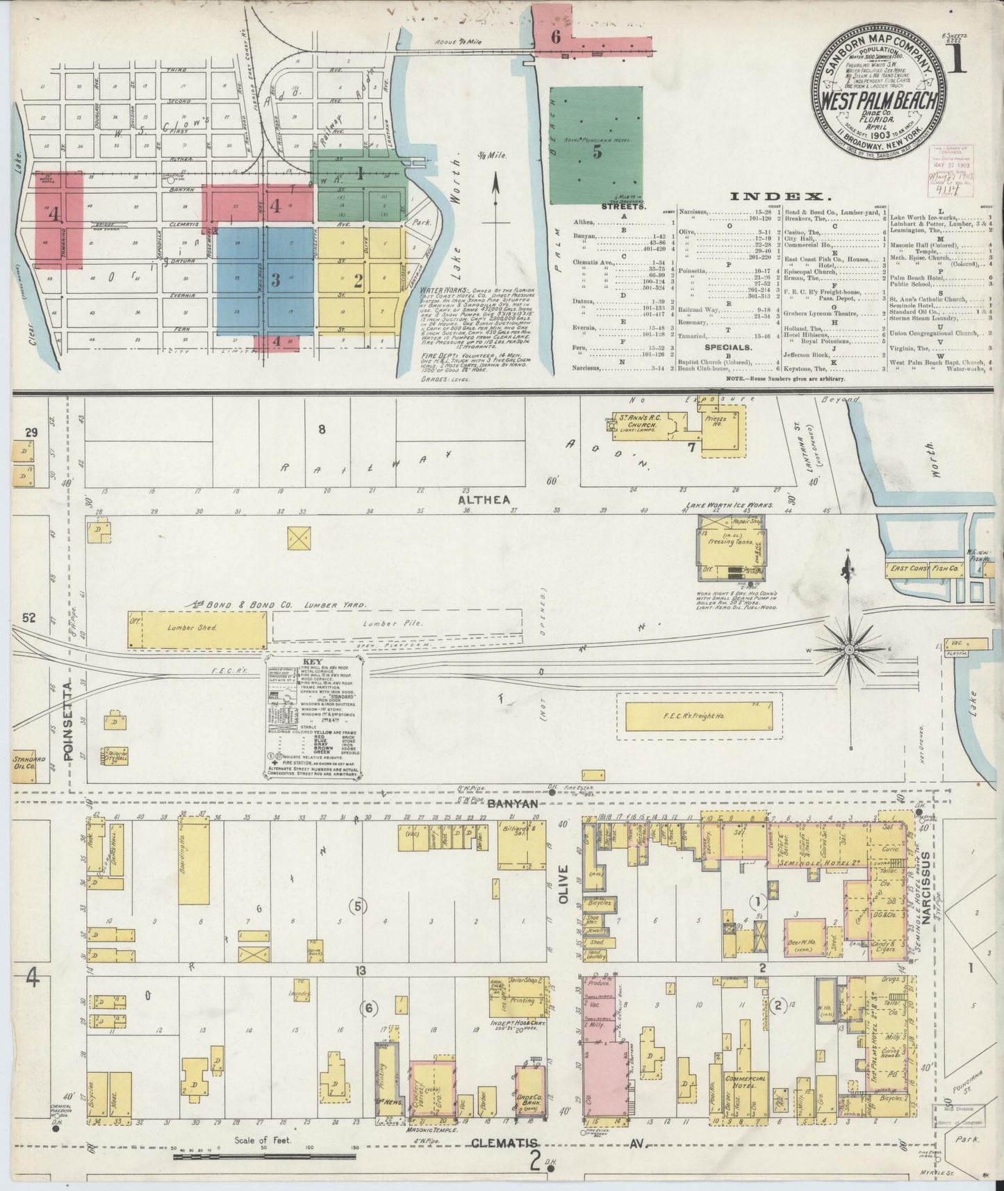 Sanborn Fire Insurance Map from West Palm Beach, Dade County, Florida (1903), Sheet #0001 - Historic Sanborn Fire Insurance Map Print, vintage old map wall art, antique decor, genealogy gift, Florida Florida map