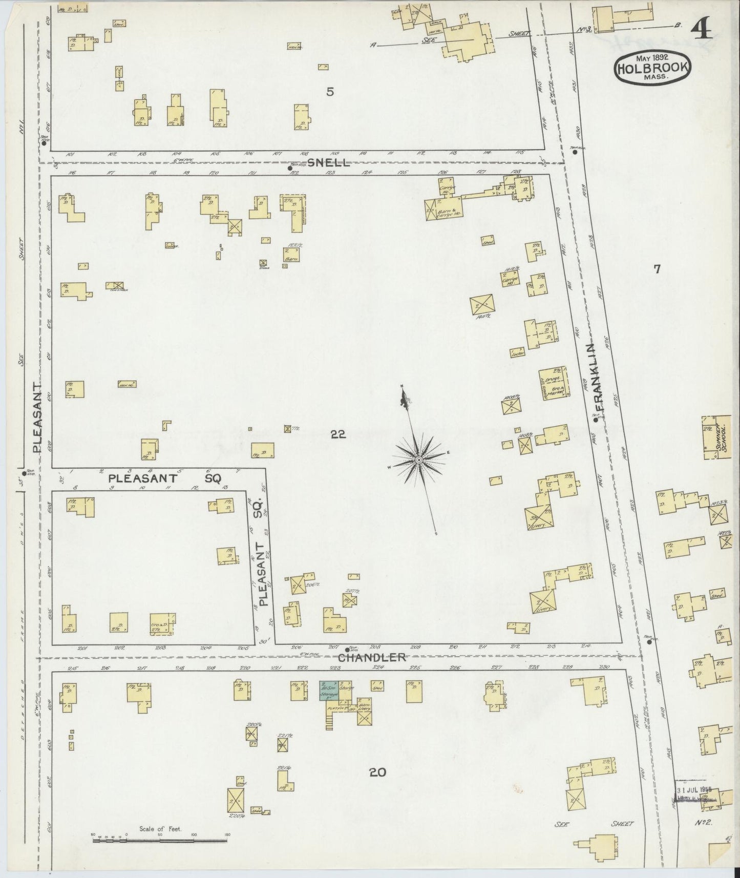 Sanborn Fire Insurance Map from Holbrook, Norfolk County, Massachusetts (1892), Sheet #0004 - Historic Sanborn Fire Insurance Map Print, vintage old map wall art, antique decor, genealogy gift, Massachusetts Massachusetts map