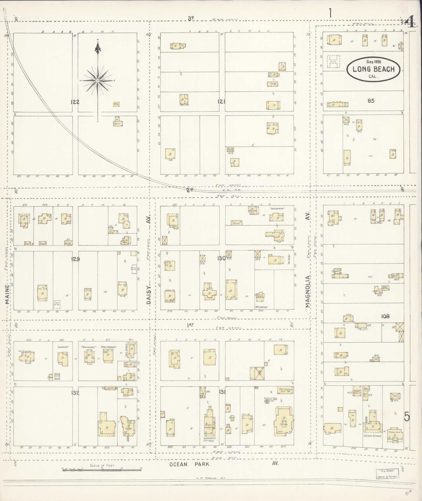 Sanborn Fire Insurance Map from Long Beach, Los Angeles County, California (1898), Sheet #0004 - Historic Sanborn Fire Insurance Map Print, vintage old map wall art, antique decor, genealogy gift, California California map