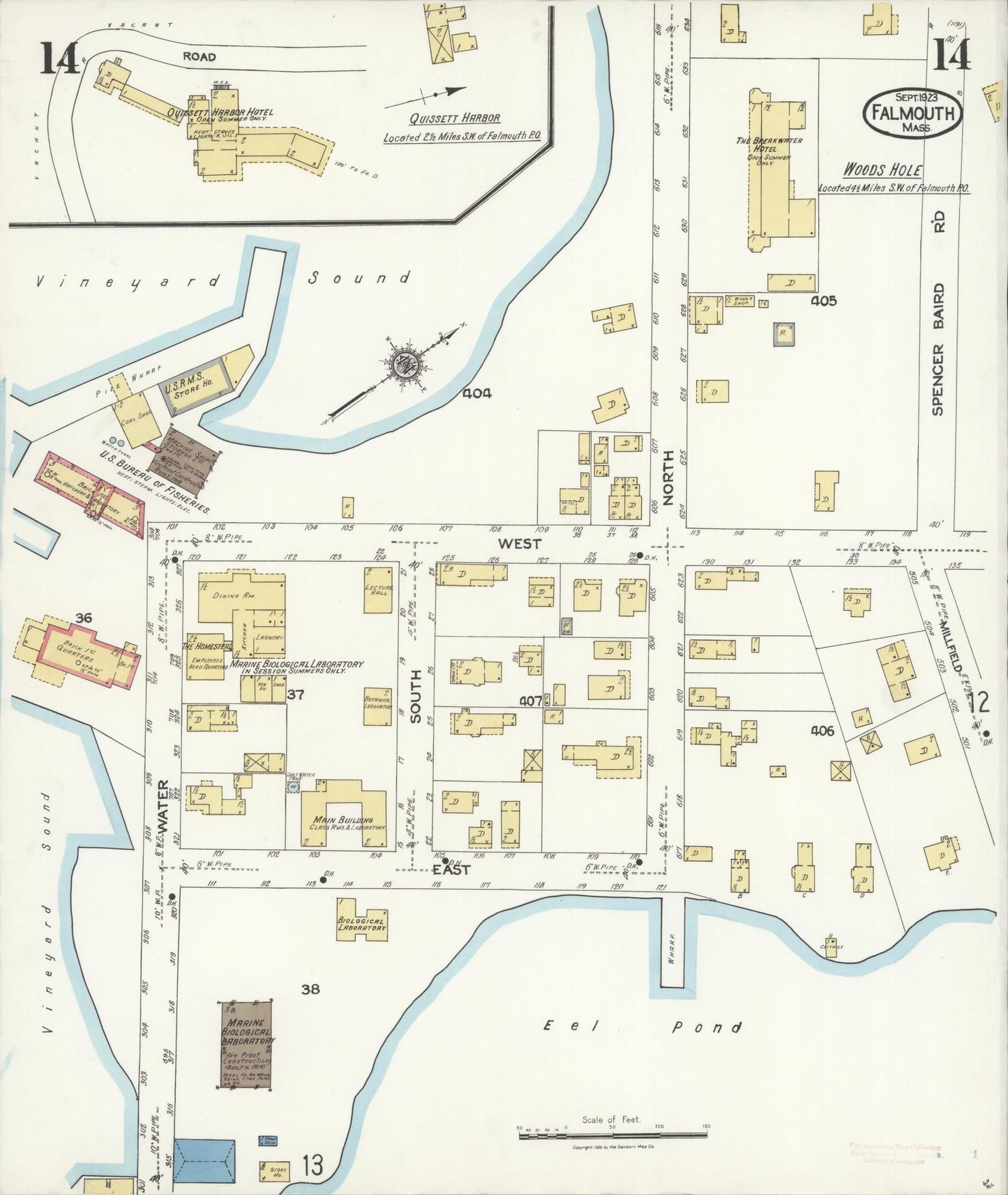 Sanborn Fire Insurance Map from Falmouth, Barnstable County, Massachusetts (1923), Sheet #0014 - Historic Sanborn Fire Insurance Map Print, vintage old map wall art, antique decor, genealogy gift, Massachusetts Massachusetts map