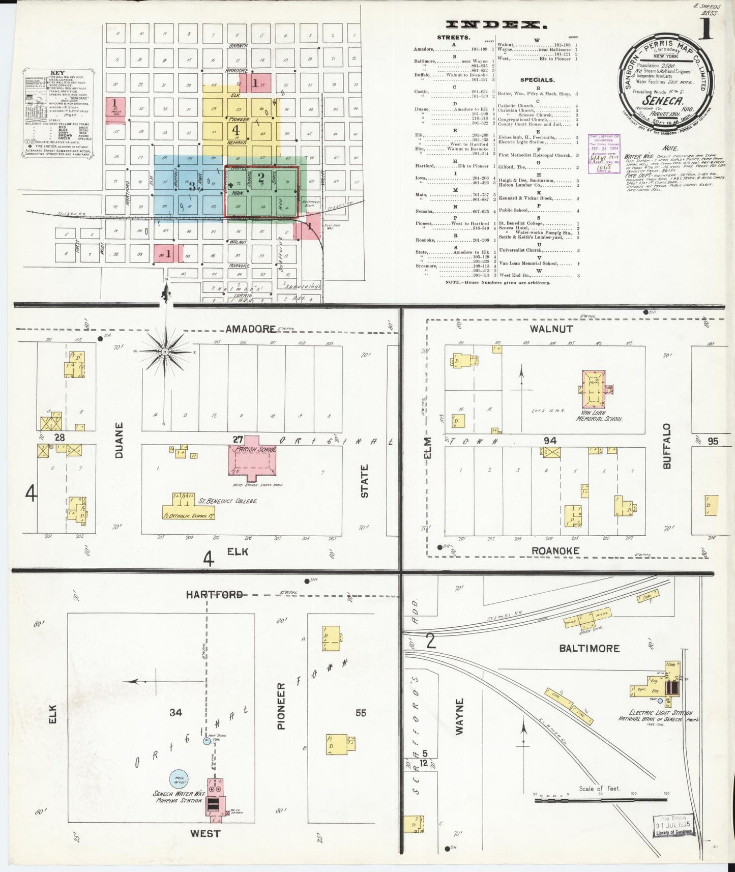 Sanborn Fire Insurance Map from Seneca, Nemaha County, Kansas (1901), Sheet #0001 - Historic Sanborn Fire Insurance Map Print, vintage old map wall art, antique decor, genealogy gift, Kansas Kansas map