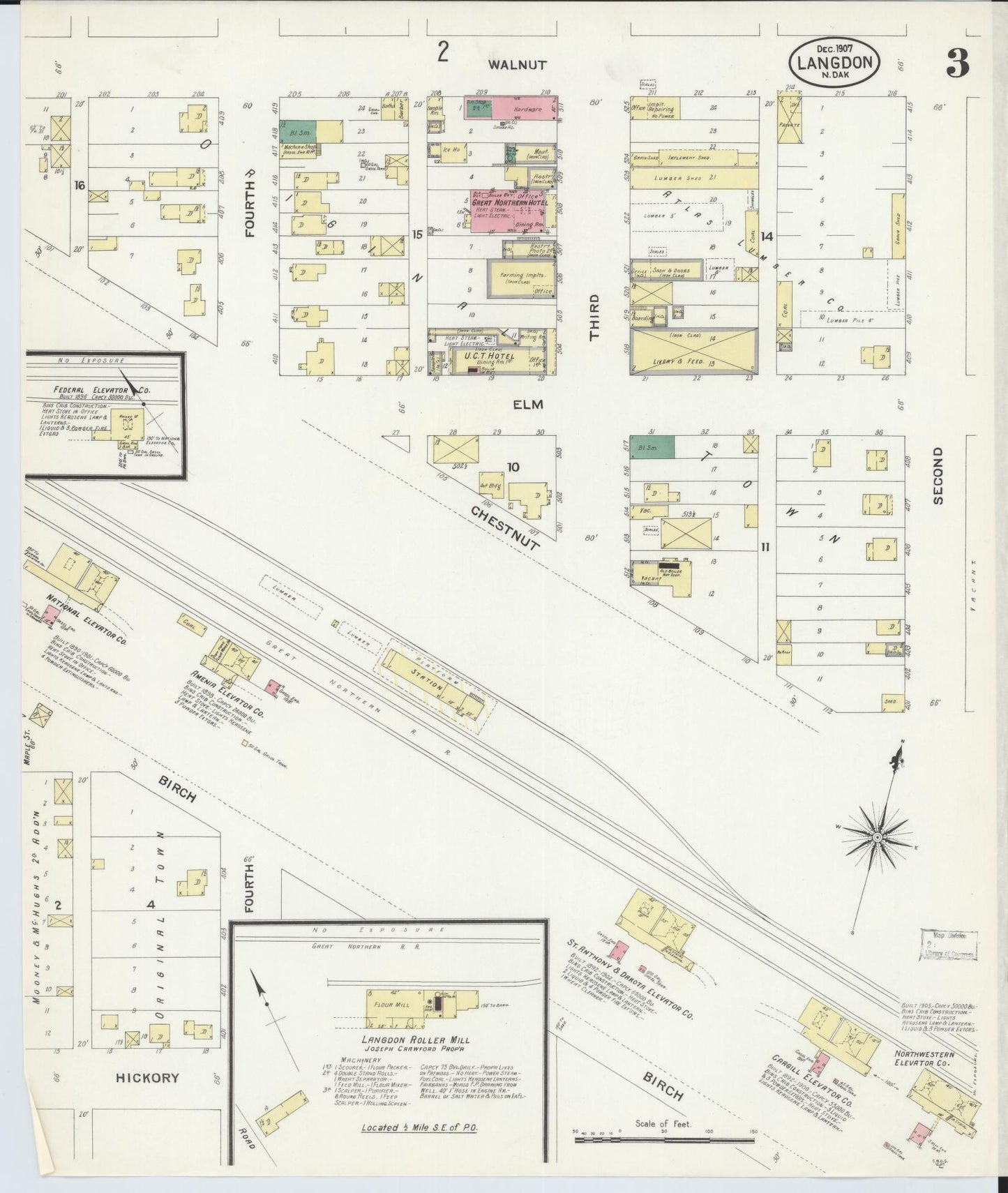 Sanborn Fire Insurance Map from Langdon, Cavalier County, North Dakota (1907), Sheet #0003 - Complete Map Set gallery image, historic Sanborn map, vintage wall art, North Dakota North Dakota