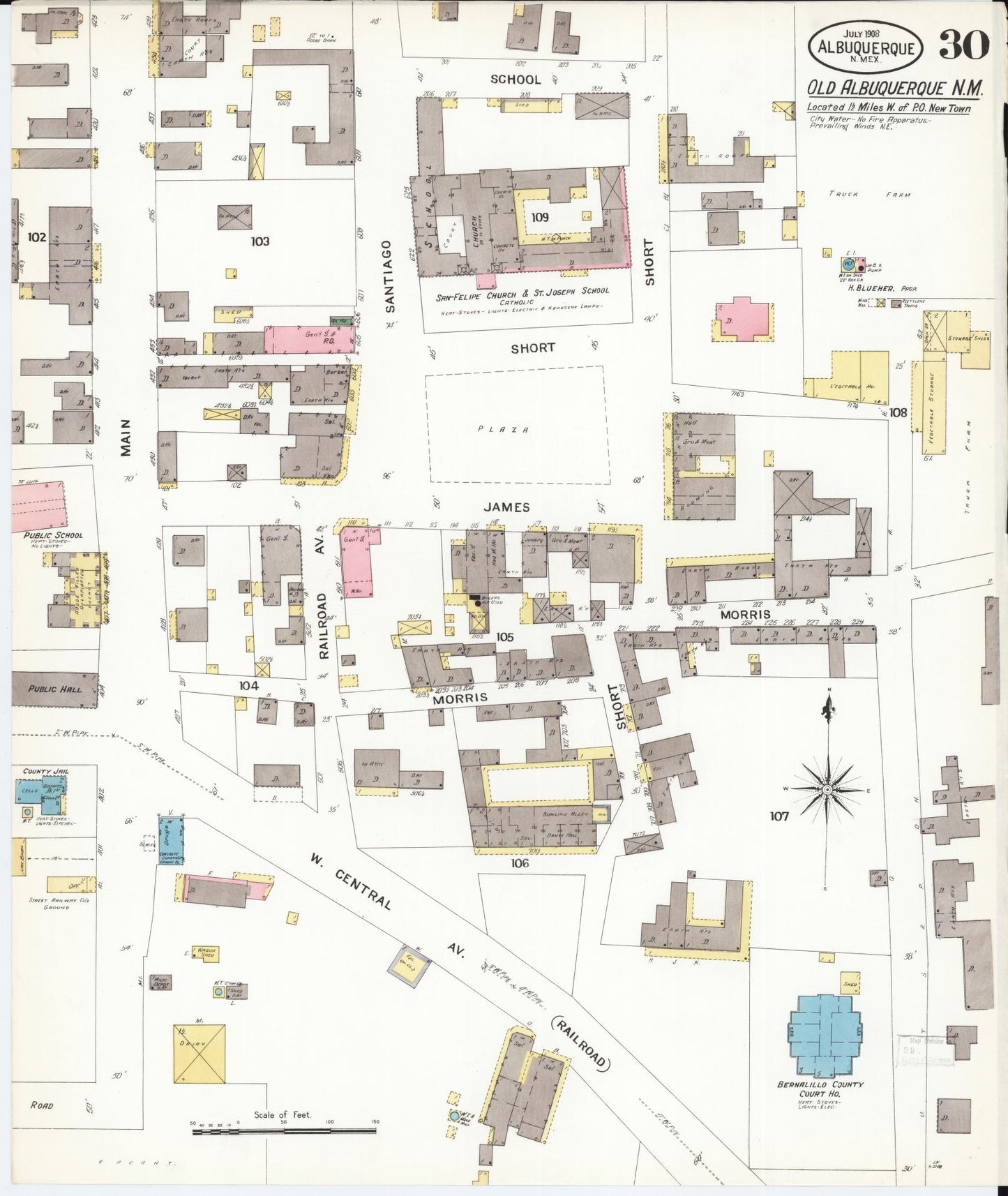 Sanborn Fire Insurance Map from Albuquerque, Bernalillo County, New Mexico (1908), Sheet #0030 - Historic Sanborn Fire Insurance Map Print, vintage old map wall art, antique decor, genealogy gift, New Mexico New Mexico map