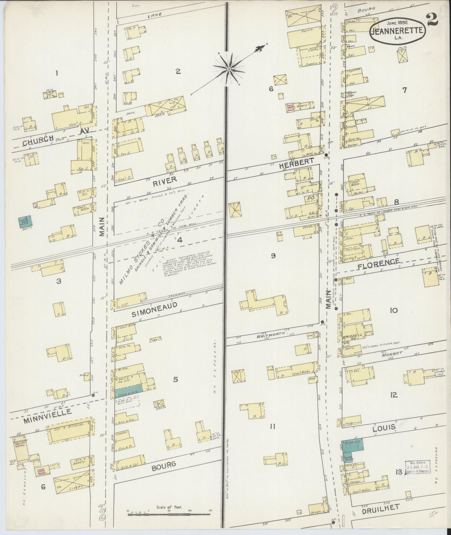 Sanborn Fire Insurance Map from Jeannerette, Iberia Parish, Louisiana (1892), Sheet #0002 - Complete Map Set gallery image, historic Sanborn map, vintage wall art, Louisiana Louisiana