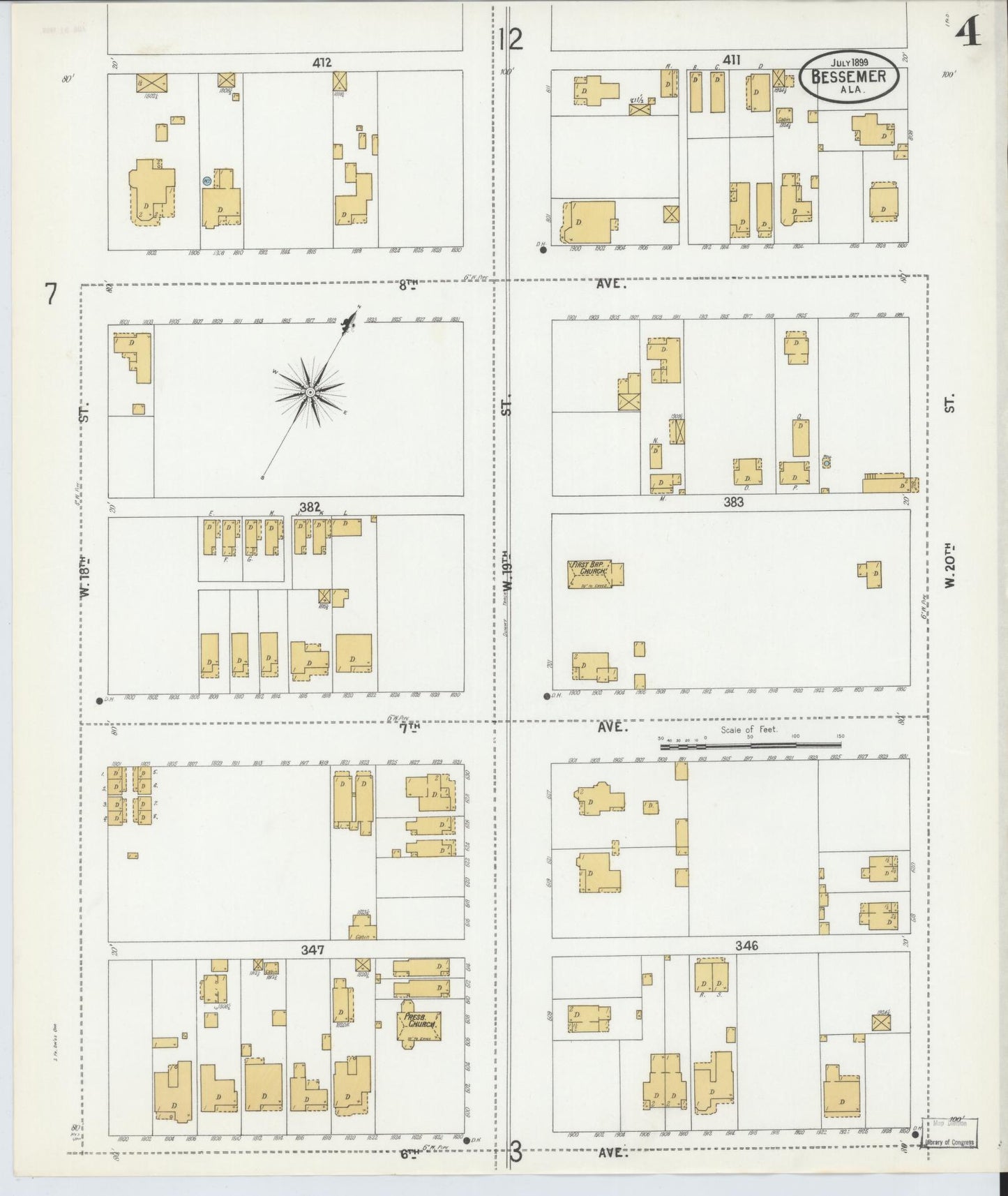 Sanborn Fire Insurance Map from Bessemer, Jefferson County, Alabama (1899), Sheet #0004 - Historic Sanborn Fire Insurance Map Print, vintage old map wall art, antique decor, genealogy gift, Alabama Alabama map