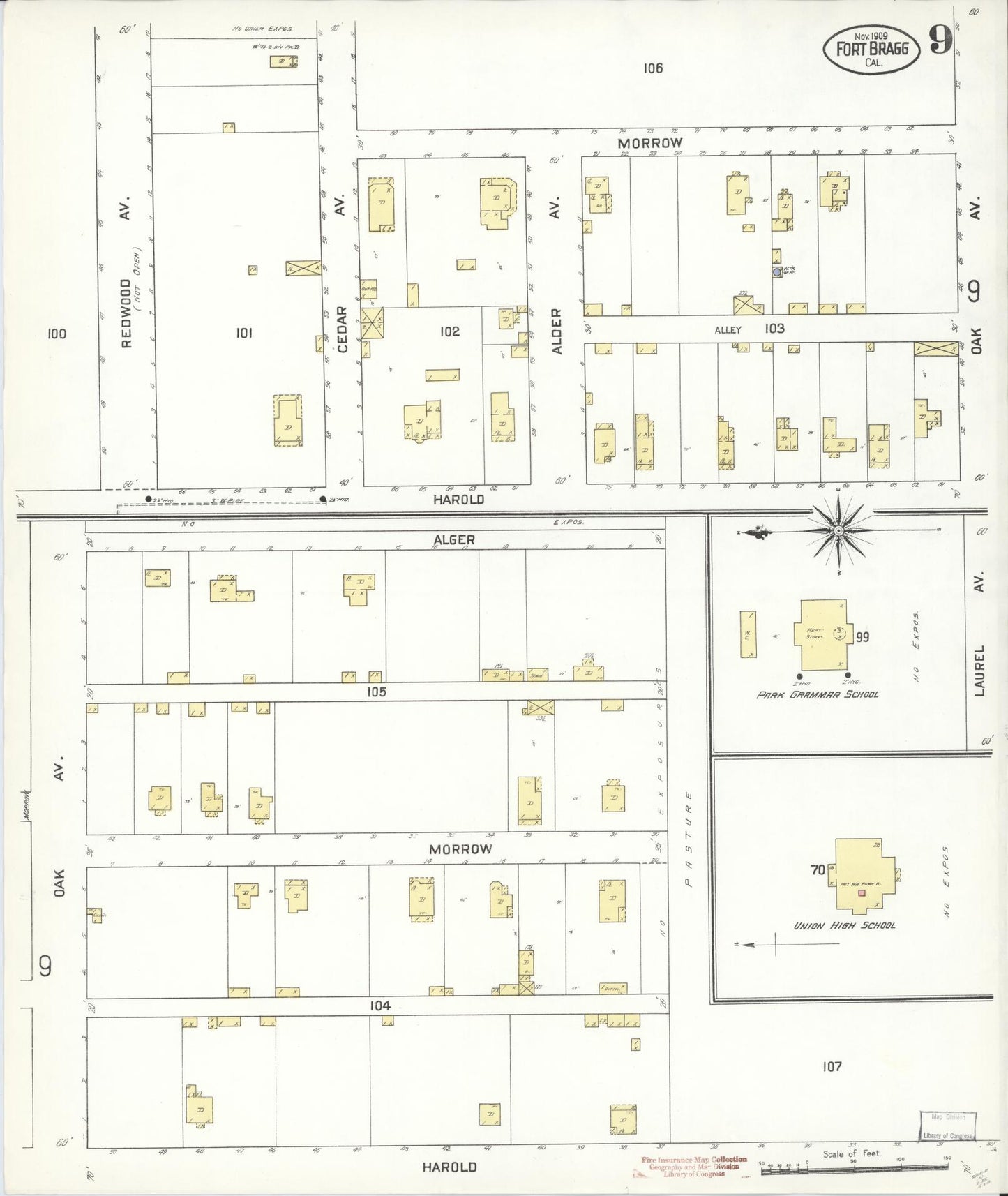 Sanborn Fire Insurance Map from Fort Bragg, Mendocino County, California (1909), Sheet #0009 - Historic Sanborn Fire Insurance Map Print, vintage old map wall art, antique decor, genealogy gift, California California map