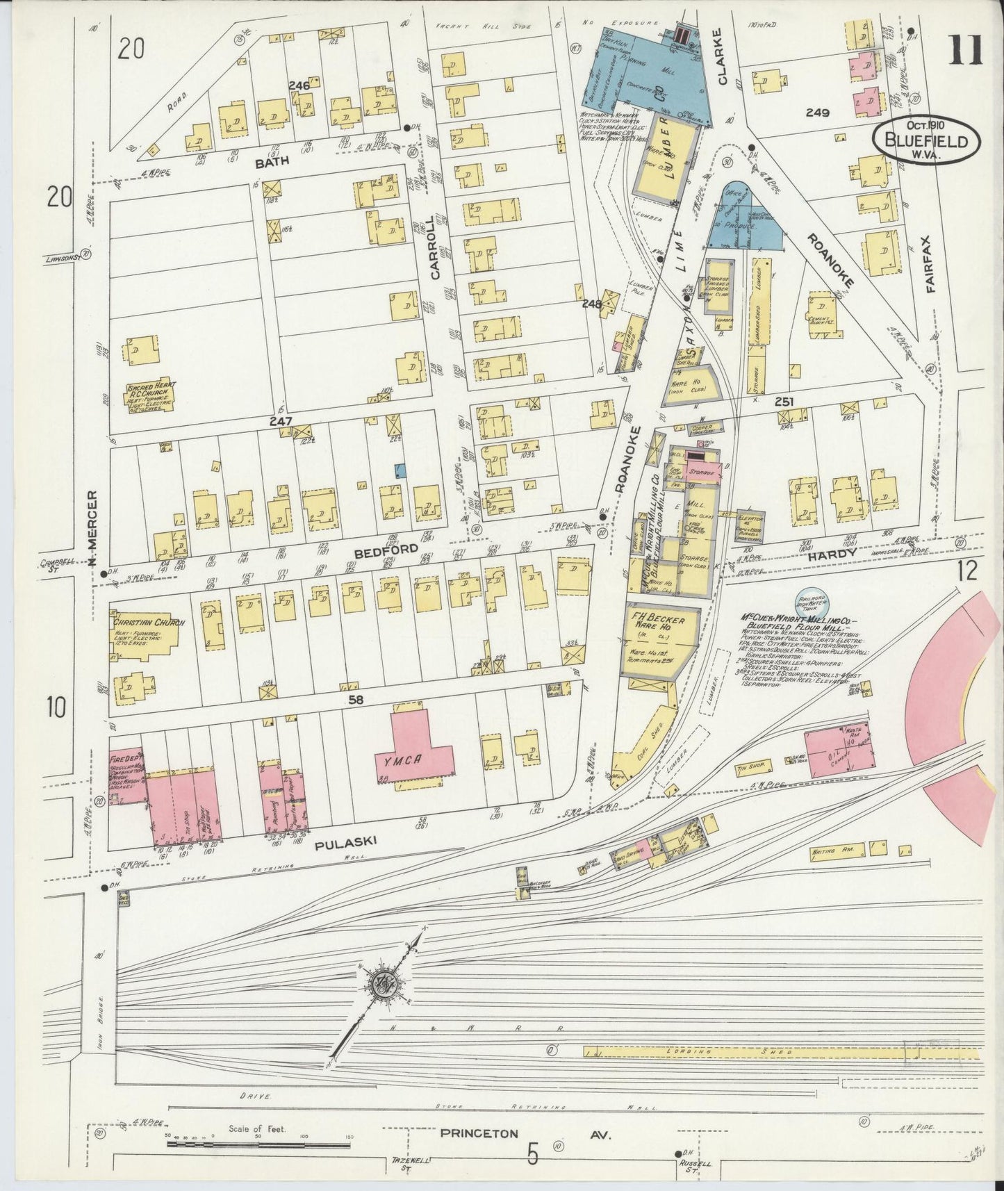 Sanborn Fire Insurance Map from Bluefield, Mercer County, West Virginia (1910), Sheet #0011 - Historic Sanborn Fire Insurance Map Print, vintage old map wall art, antique decor, genealogy gift, West Virginia West Virginia map