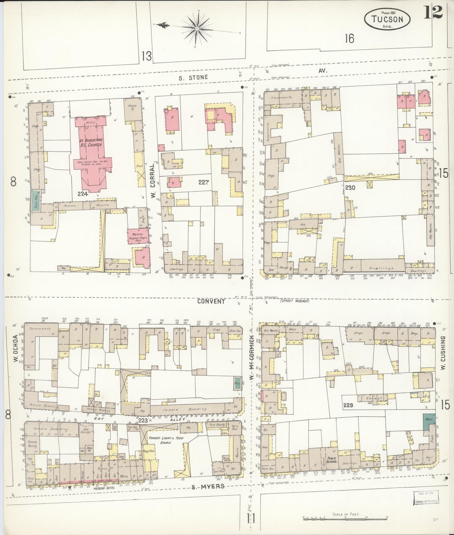 Sanborn Fire Insurance Map from Tucson, Pima County, Arizona (1901), Sheet #0012 - Historic Sanborn Fire Insurance Map Print, vintage old map wall art, antique decor, genealogy gift, Arizona Arizona map