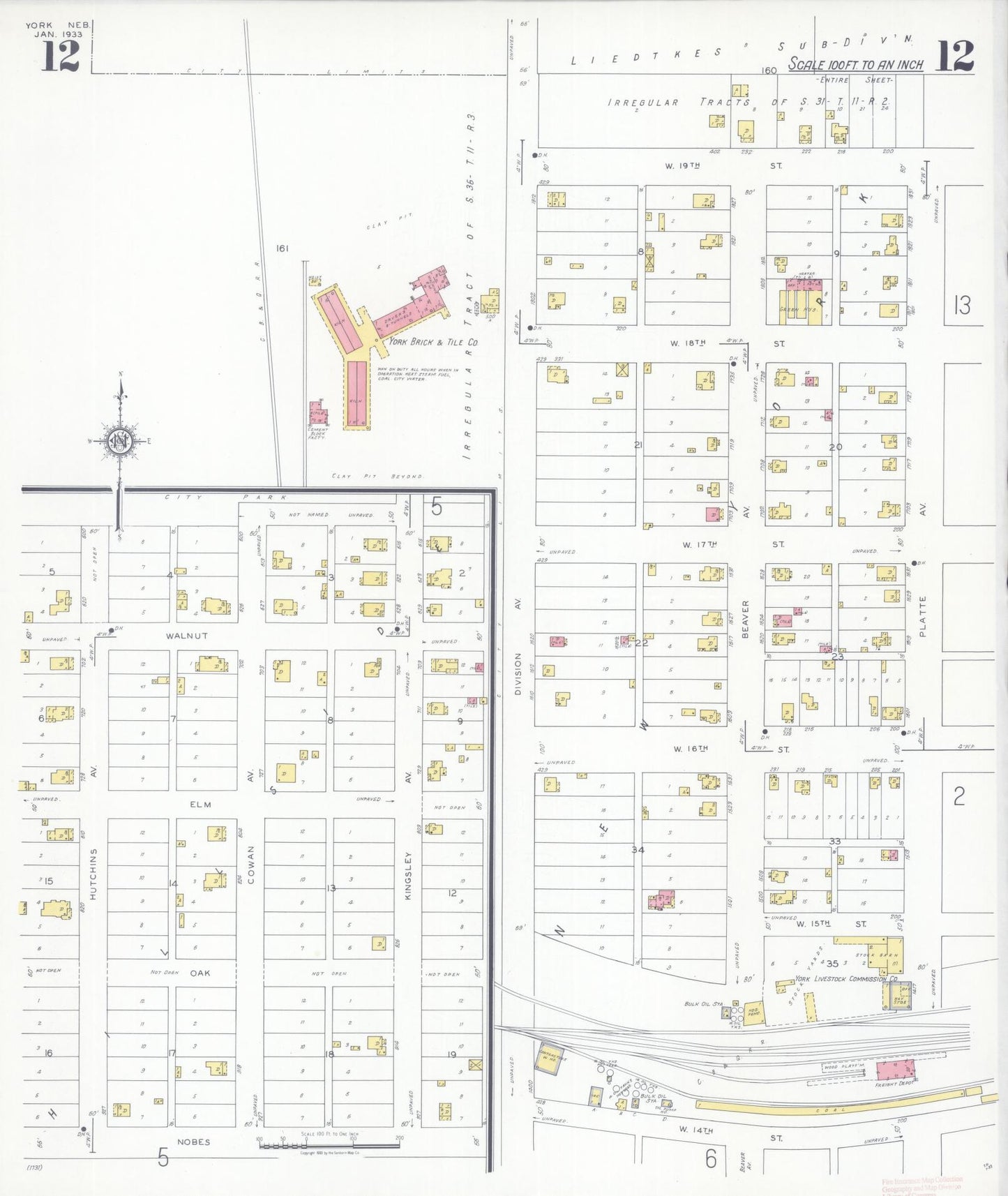 Sanborn Fire Insurance Map from York, York County, Nebraska (1933), Sheet #0012 - Historic Sanborn Fire Insurance Map Print, vintage old map wall art, antique decor, genealogy gift, Nebraska Nebraska map