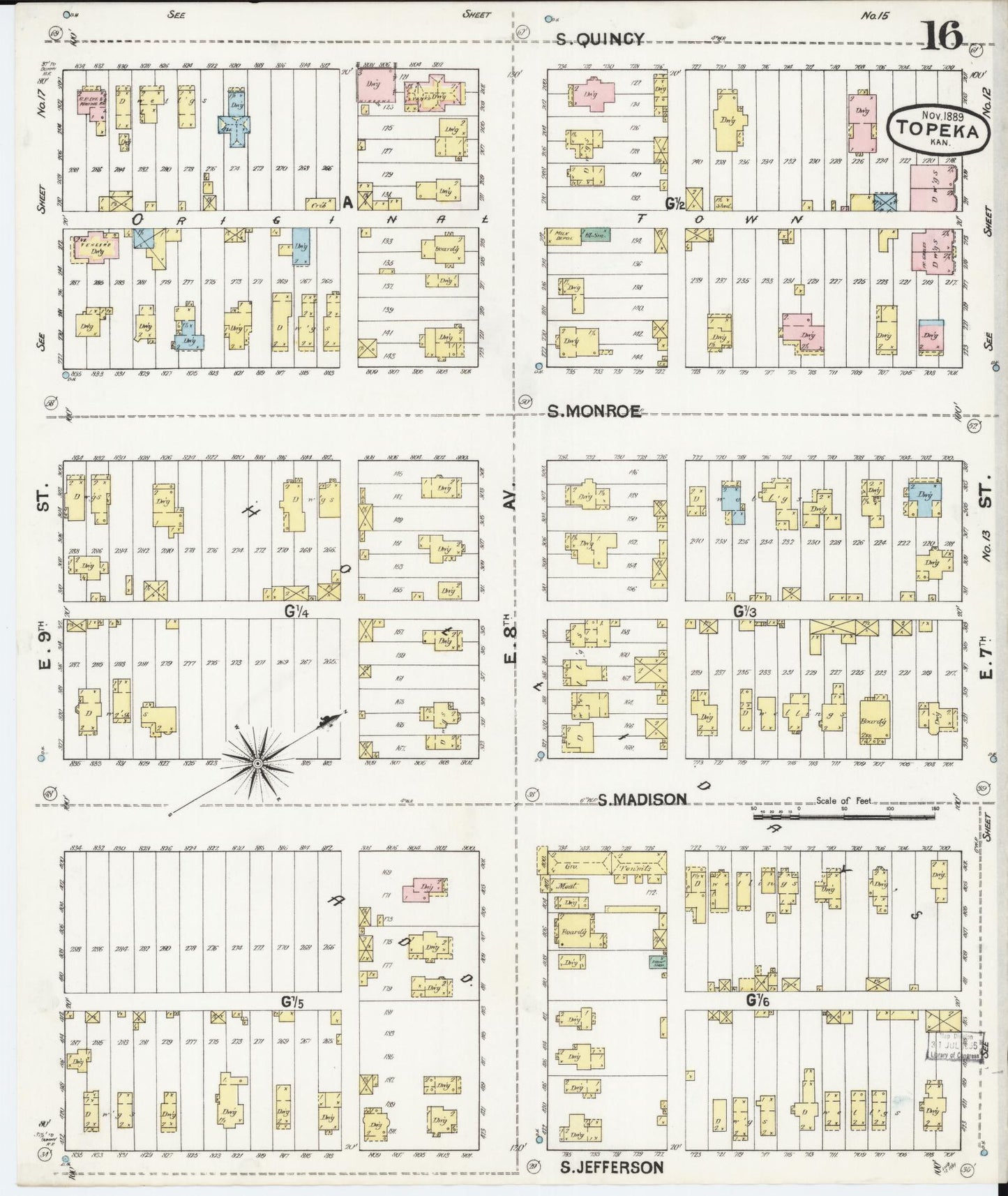 Sanborn Fire Insurance Map from Topeka, Shawnee County, Kansas (1889), Sheet #0017 - Historic Sanborn Fire Insurance Map Print, vintage old map wall art, antique decor, genealogy gift, Kansas Kansas map