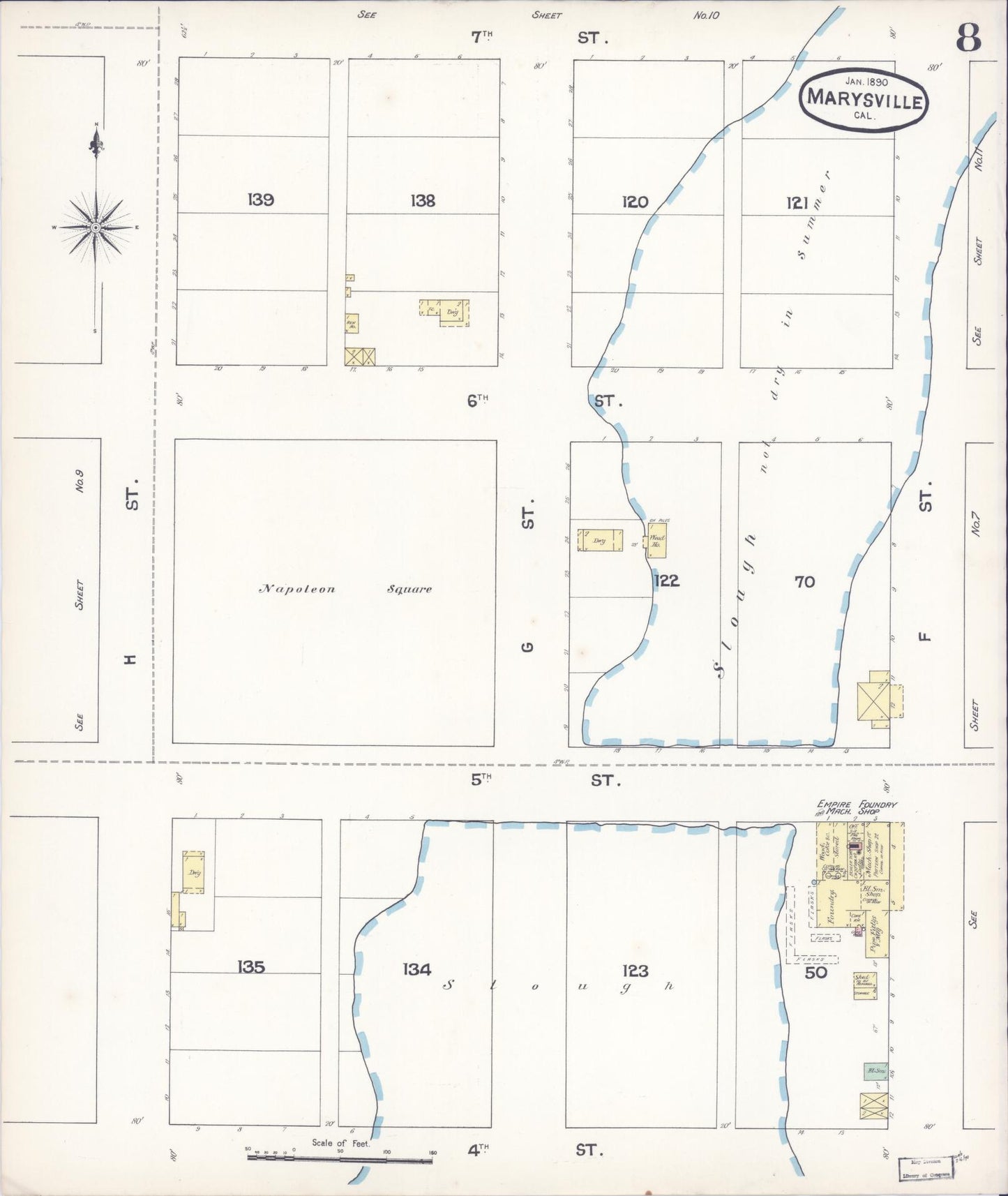 Sanborn Fire Insurance Map from Marysville, Yuba County, California (1890), Sheet #0008 - Historic Sanborn Fire Insurance Map Print, vintage old map wall art, antique decor, genealogy gift, California California map