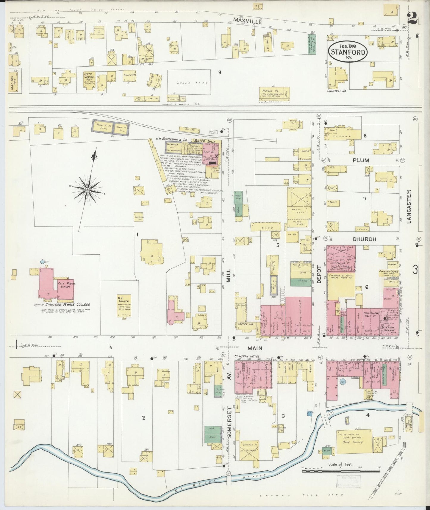 Sanborn Fire Insurance Map from Stanford, Lincoln County, Kentucky (1908), Sheet #0002 - Historic Sanborn Fire Insurance Map Print, vintage old map wall art, antique decor, genealogy gift, Kentucky Kentucky map