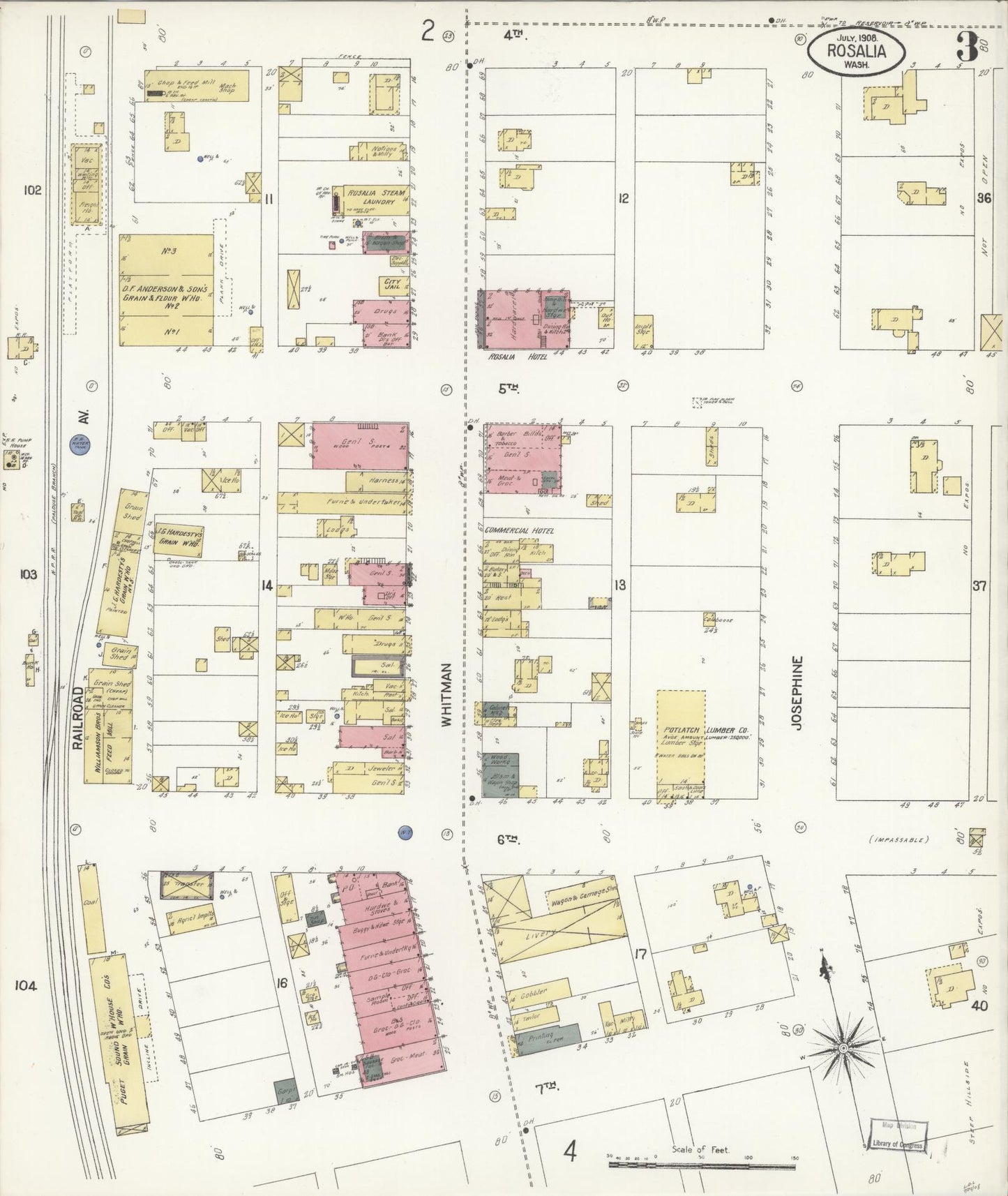 Sanborn Fire Insurance Map from Rosalia, Whitman County, Washington (1908), Sheet #0003 - Historic Sanborn Fire Insurance Map Print, vintage old map wall art, antique decor, genealogy gift, Washington Washington map