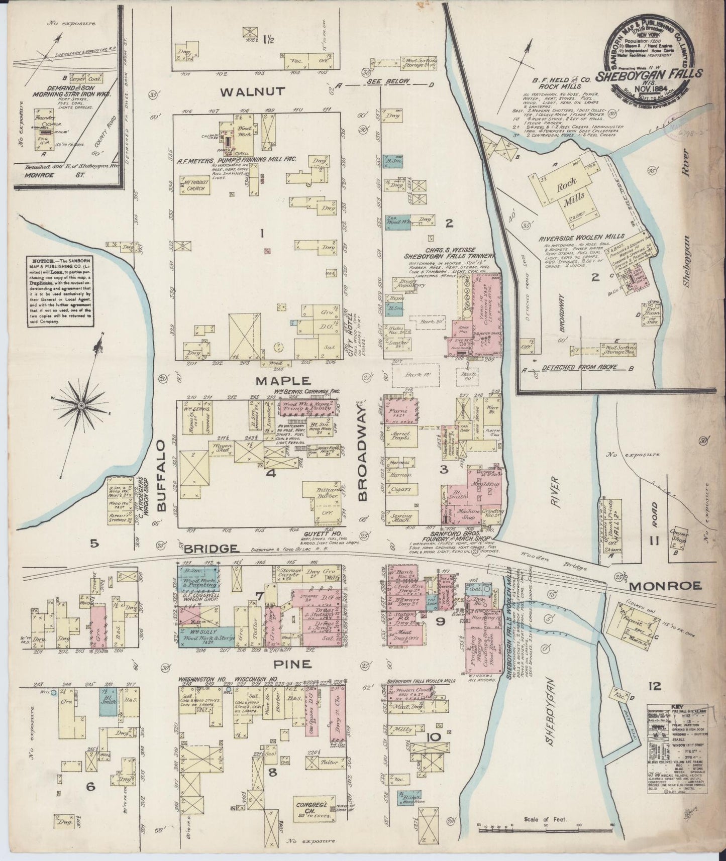 Sanborn Fire Insurance Map from Sheboygan Falls, Sheboygan County, Wisconsin (1884), Sheet #0001 - Historic Sanborn Fire Insurance Map Print, vintage old map wall art, antique decor, genealogy gift, Wisconsin Wisconsin map