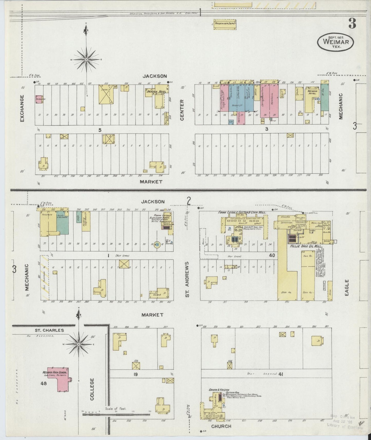 Sanborn Fire Insurance Map from Weimar, Colorado County, Texas (1907), Sheet #0003 - Historic Sanborn Fire Insurance Map Print, vintage old map wall art, antique decor, genealogy gift, Weimar Colorado map