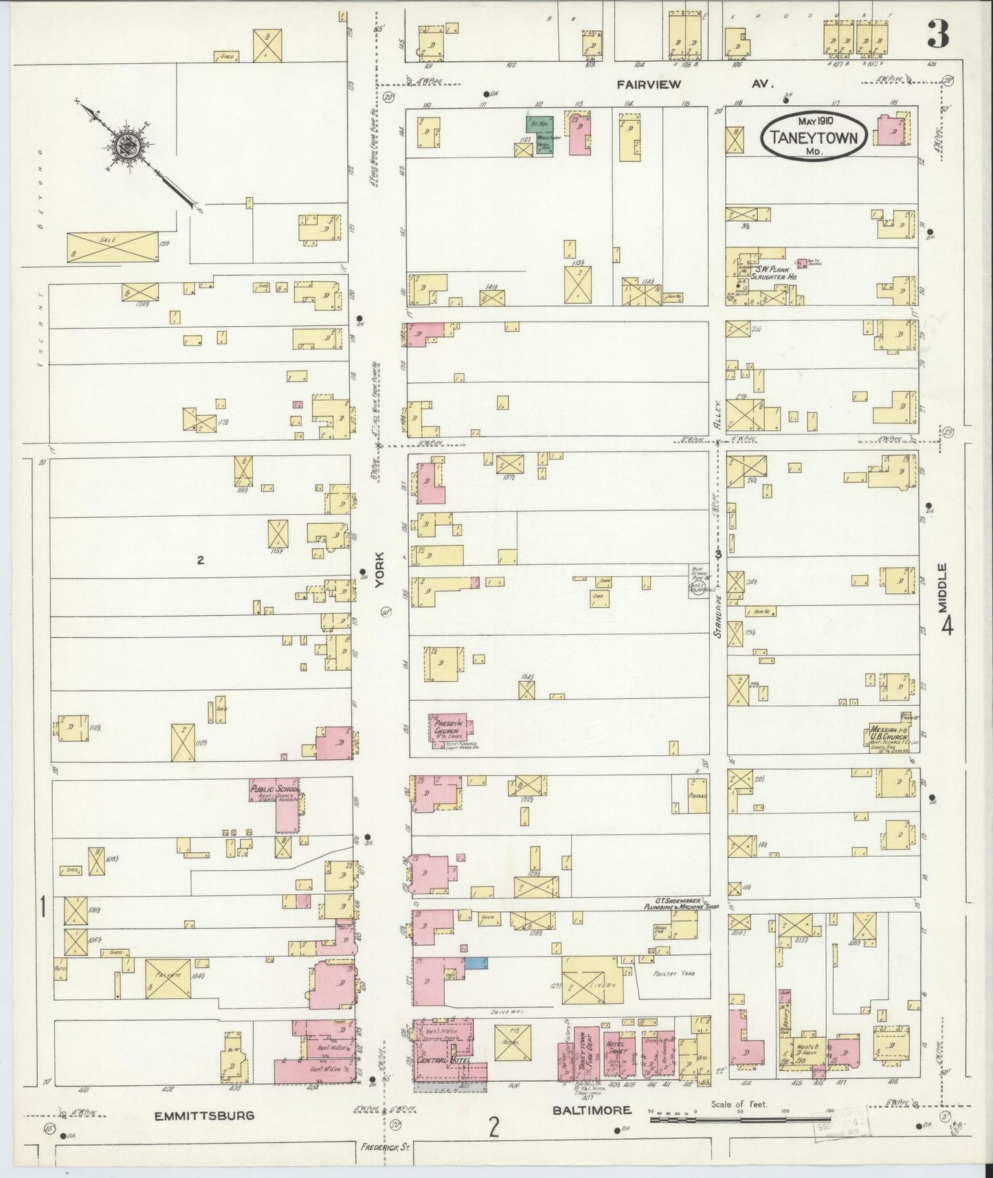 Sanborn Fire Insurance Map from Taneytown, Carroll County, Maryland (1910), Sheet #0003 - Historic Sanborn Fire Insurance Map Print, vintage old map wall art, antique decor, genealogy gift, Maryland Maryland map