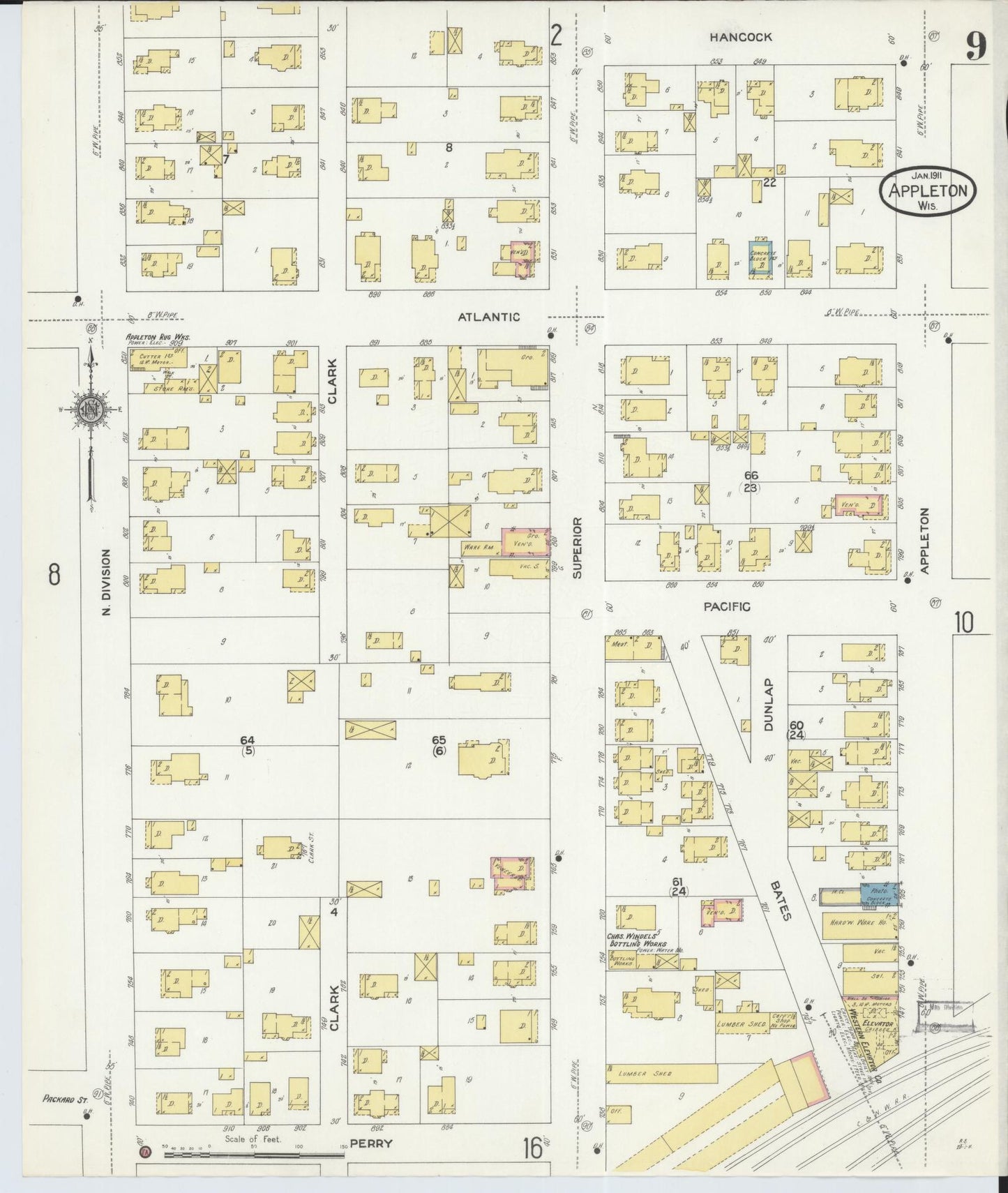 Sanborn Fire Insurance Map from Appleton, Outagamie County, Wisconsin (1911), Sheet #0009 - Historic Sanborn Fire Insurance Map Print, vintage old map wall art, antique decor, genealogy gift, Wisconsin Wisconsin map