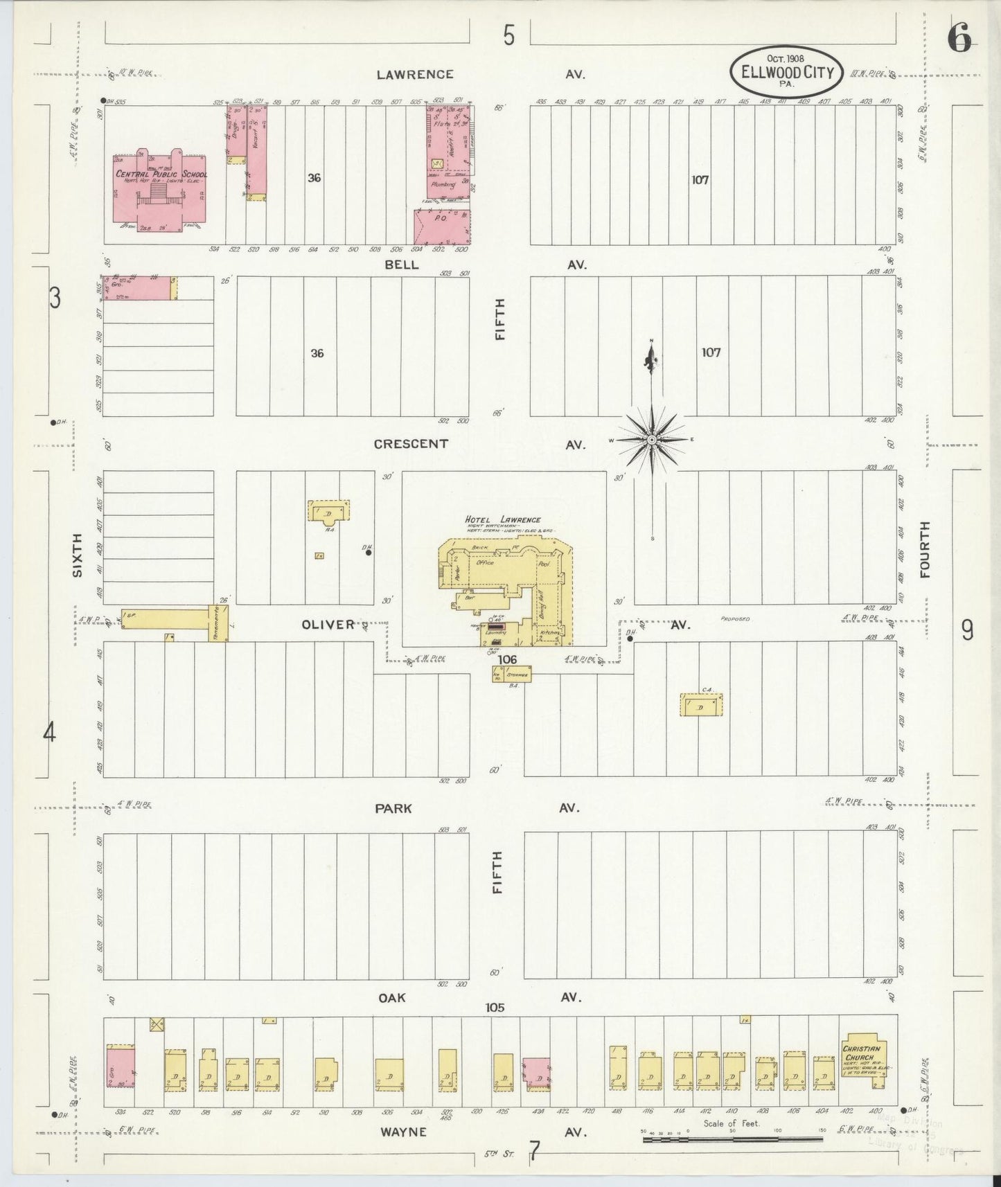 Sanborn Fire Insurance Map from Ellwood City, Lawrence County, Pennsylvania (1908), Sheet #0006 - Historic Sanborn Fire Insurance Map Print, vintage old map wall art, antique decor, genealogy gift, Pennsylvania Pennsylvania map