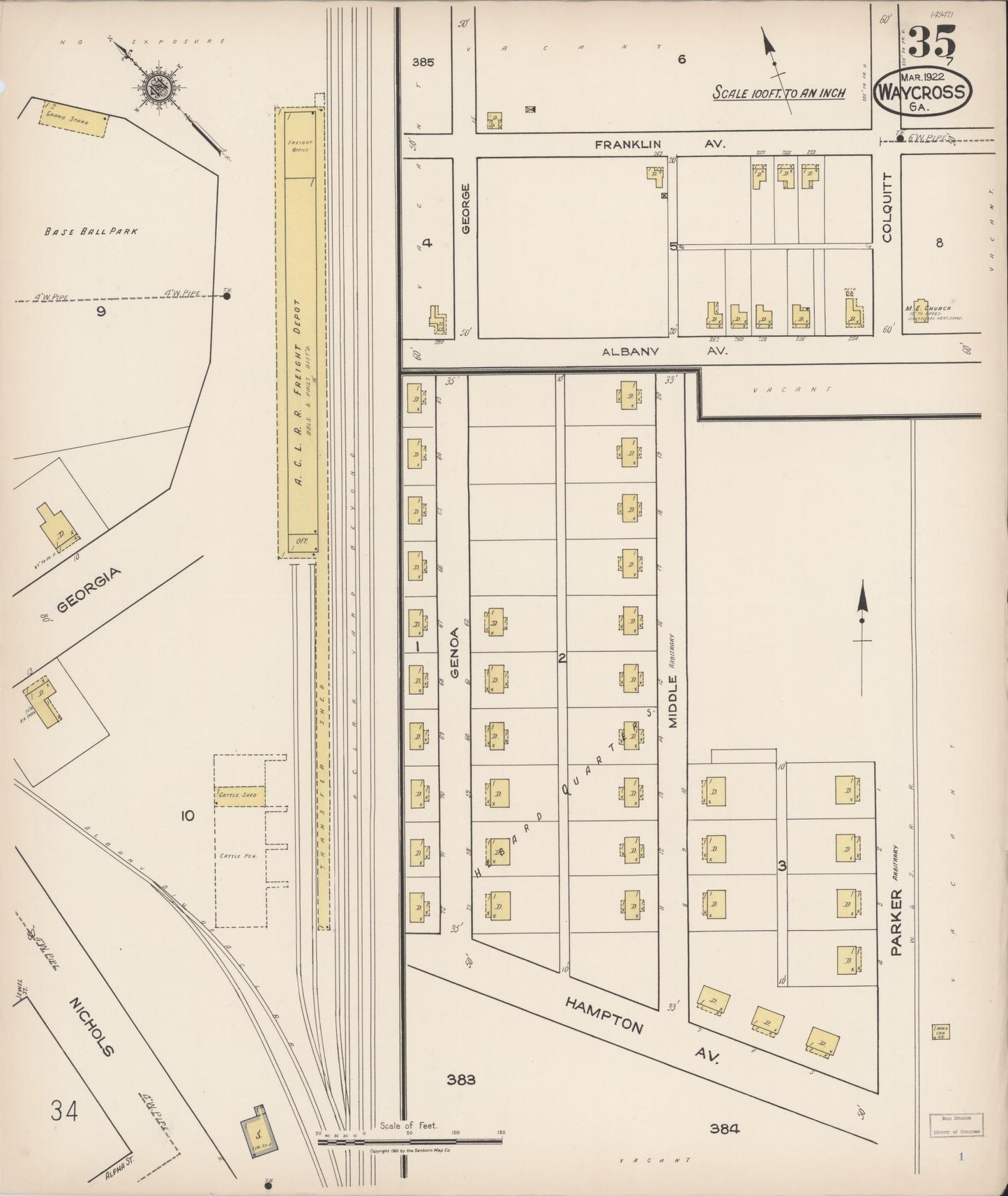 Sanborn Fire Insurance Map from Waycross, Ware County, Georgia (1922), Sheet #0035 - Complete Map Set gallery image, historic Sanborn map, vintage wall art, Georgia Georgia