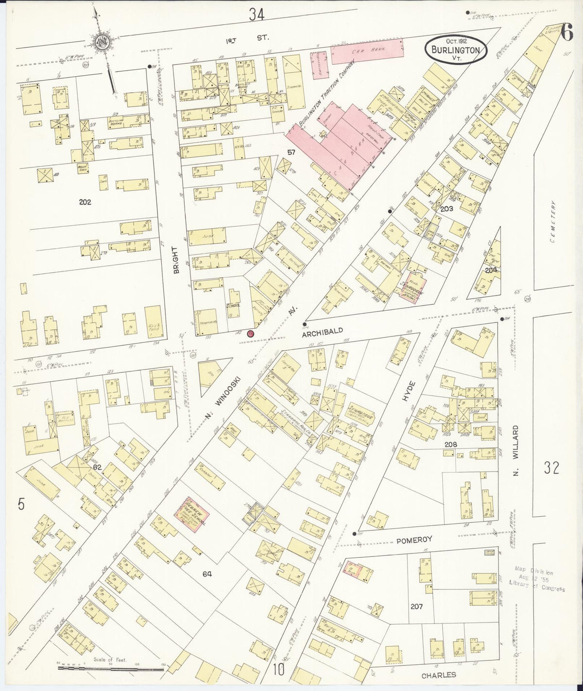 Sanborn Fire Insurance Map from Burlington, Chittenden County, Vermont (1912), Sheet #0006 - Historic Sanborn Fire Insurance Map Print, vintage old map wall art, antique decor, genealogy gift, Vermont Vermont map