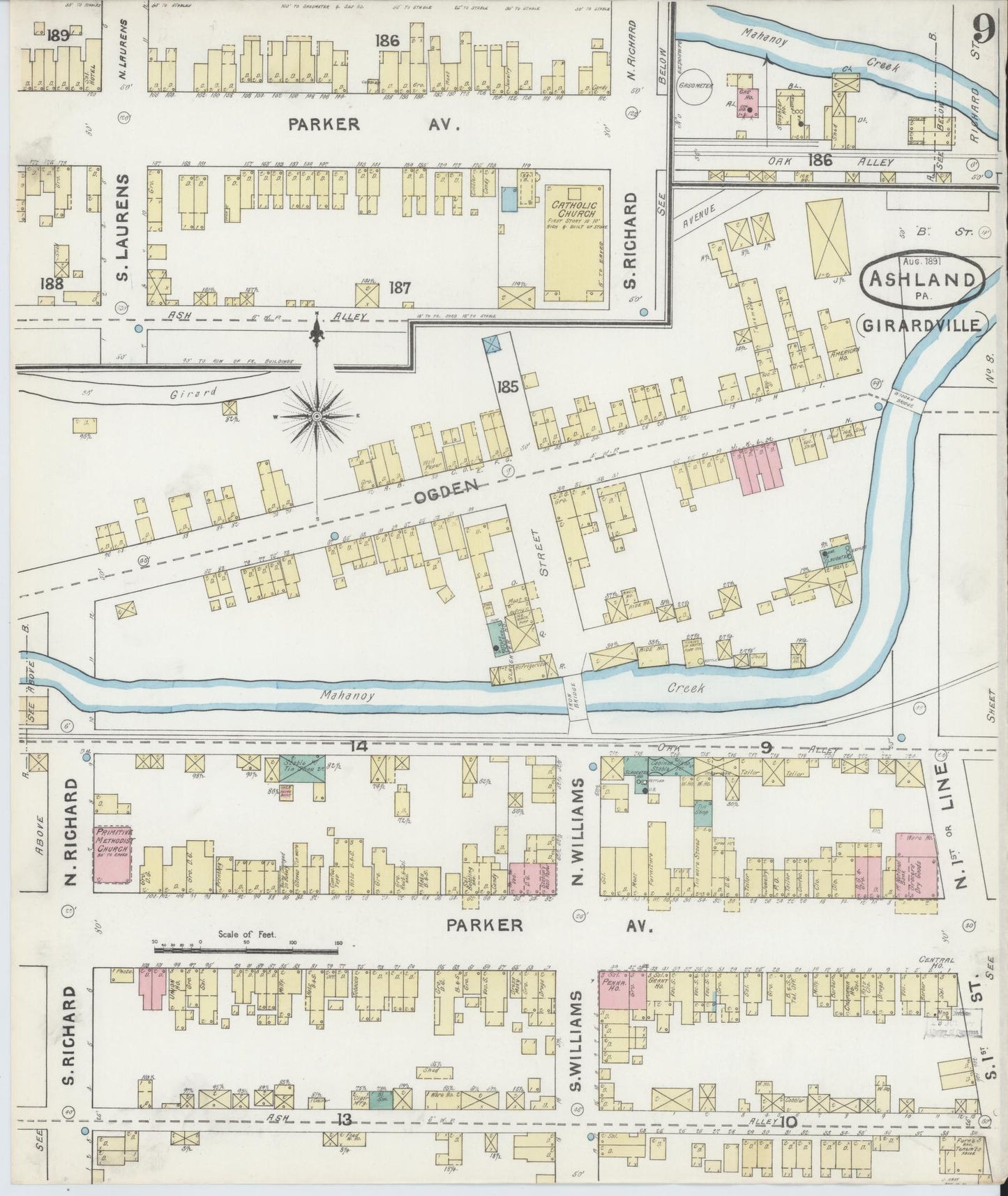 Sanborn Fire Insurance Map from Ashland, Schuylkill County, Pennsylvania (1891), Sheet #0009 - Historic Sanborn Fire Insurance Map Print, vintage old map wall art, antique decor, genealogy gift, Pennsylvania Pennsylvania map