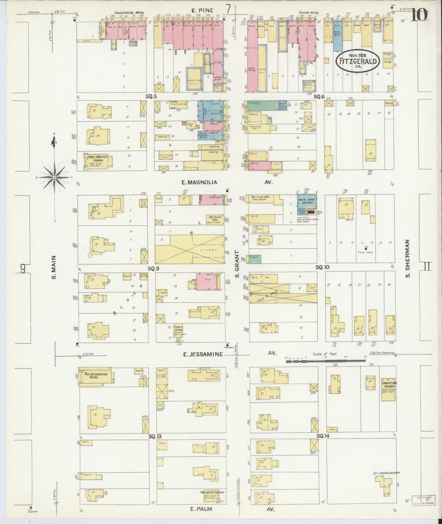 Sanborn Fire Insurance Map from Fitzgerald, Ben Hill County, Georgia (1908), Sheet #0010 - Historic Sanborn Fire Insurance Map Print, vintage old map wall art, antique decor, genealogy gift, Georgia Georgia map