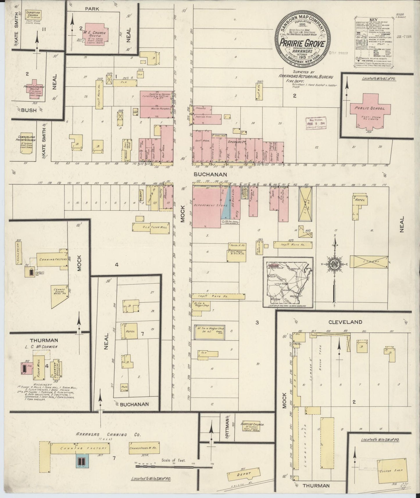 Sanborn Fire Insurance Map from Prairie Grove, Washington County, Arkansas (1913), Sheet #0001 - Historic Sanborn Fire Insurance Map Print, vintage old map wall art, antique decor, genealogy gift, Arkansas Arkansas map