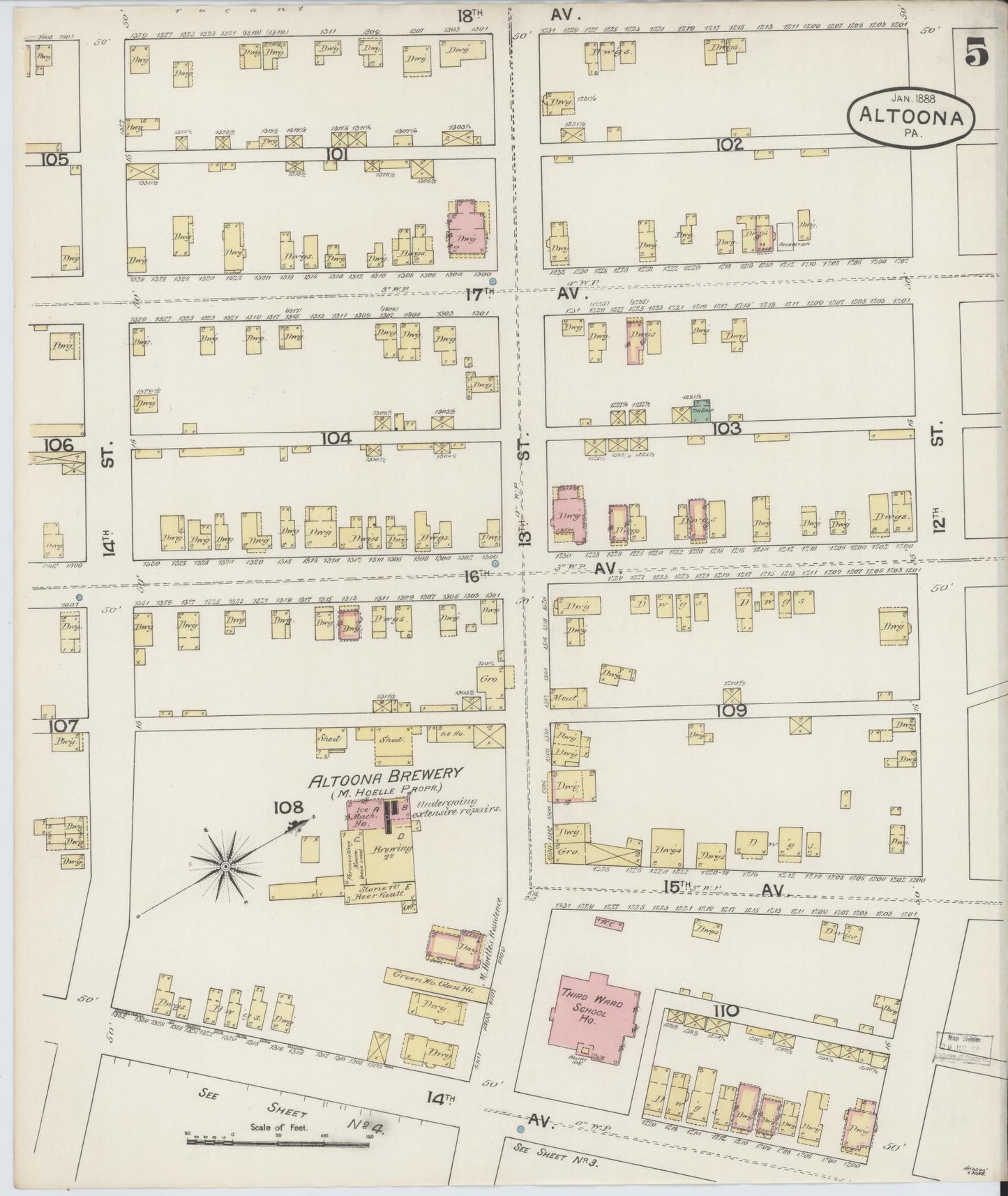 Sanborn Fire Insurance Map from Altoona, Blair County, Pennsylvania (1888), Sheet #0005 - Historic Sanborn Fire Insurance Map Print, vintage old map wall art, antique decor, genealogy gift, Pennsylvania Pennsylvania map