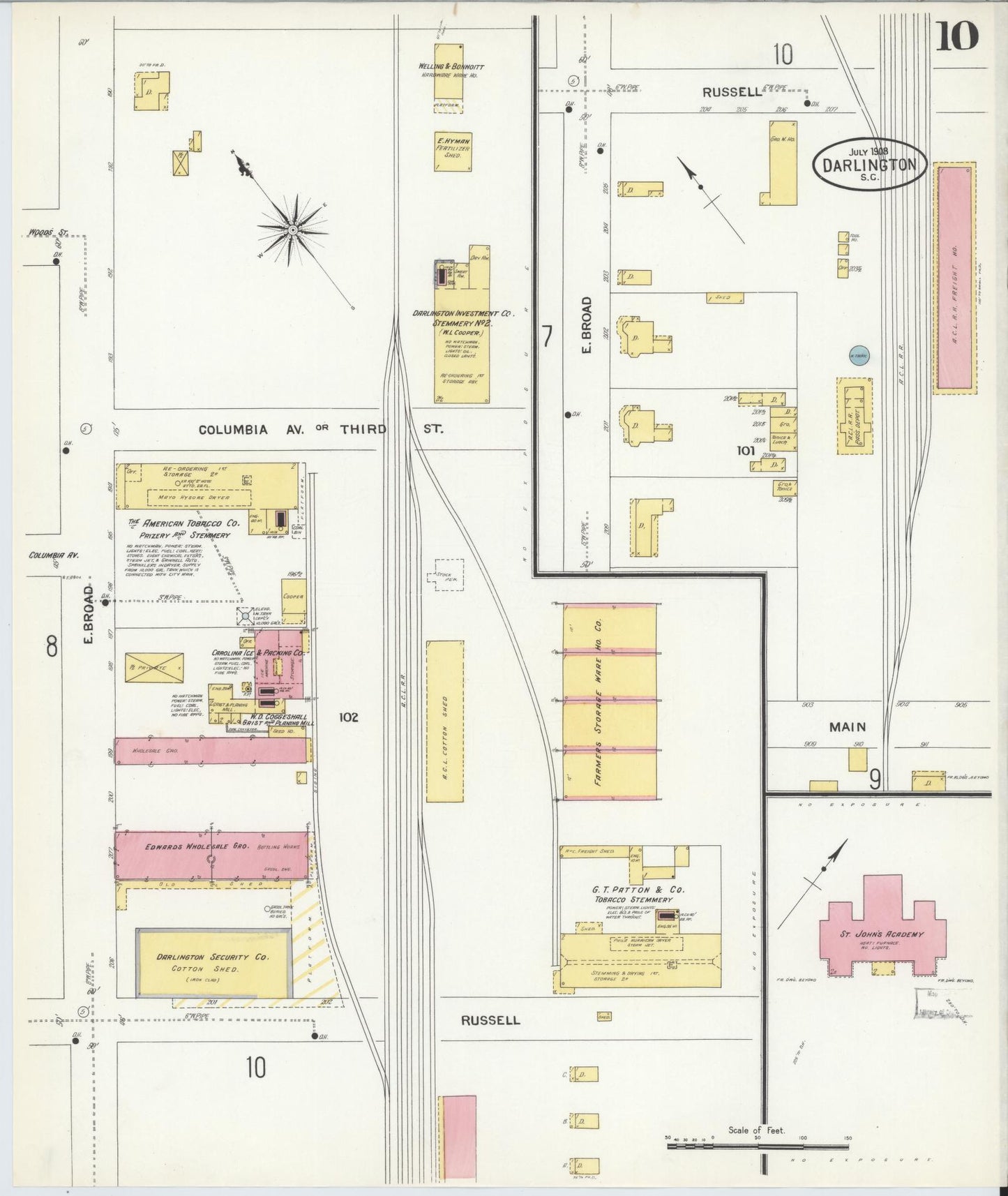 Sanborn Fire Insurance Map from Darlington, Darlington County, South Carolina (1908), Sheet #0010 - Historic Sanborn Fire Insurance Map Print, vintage old map wall art, antique decor, genealogy gift, South Carolina South Carolina map