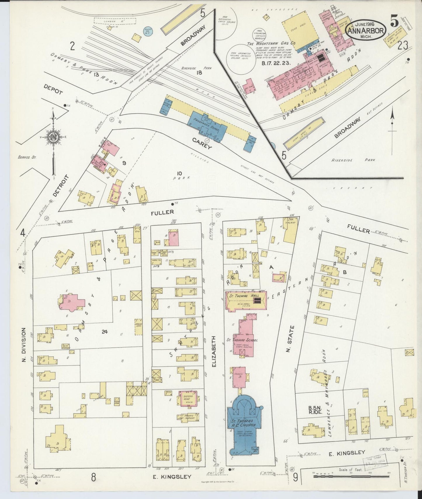 Sanborn Fire Insurance Map from Ann Arbor, Washtenaw County, Michigan (1916), Sheet #0005 - Historic Sanborn Fire Insurance Map Print, vintage old map wall art, antique decor, genealogy gift, Michigan Michigan map