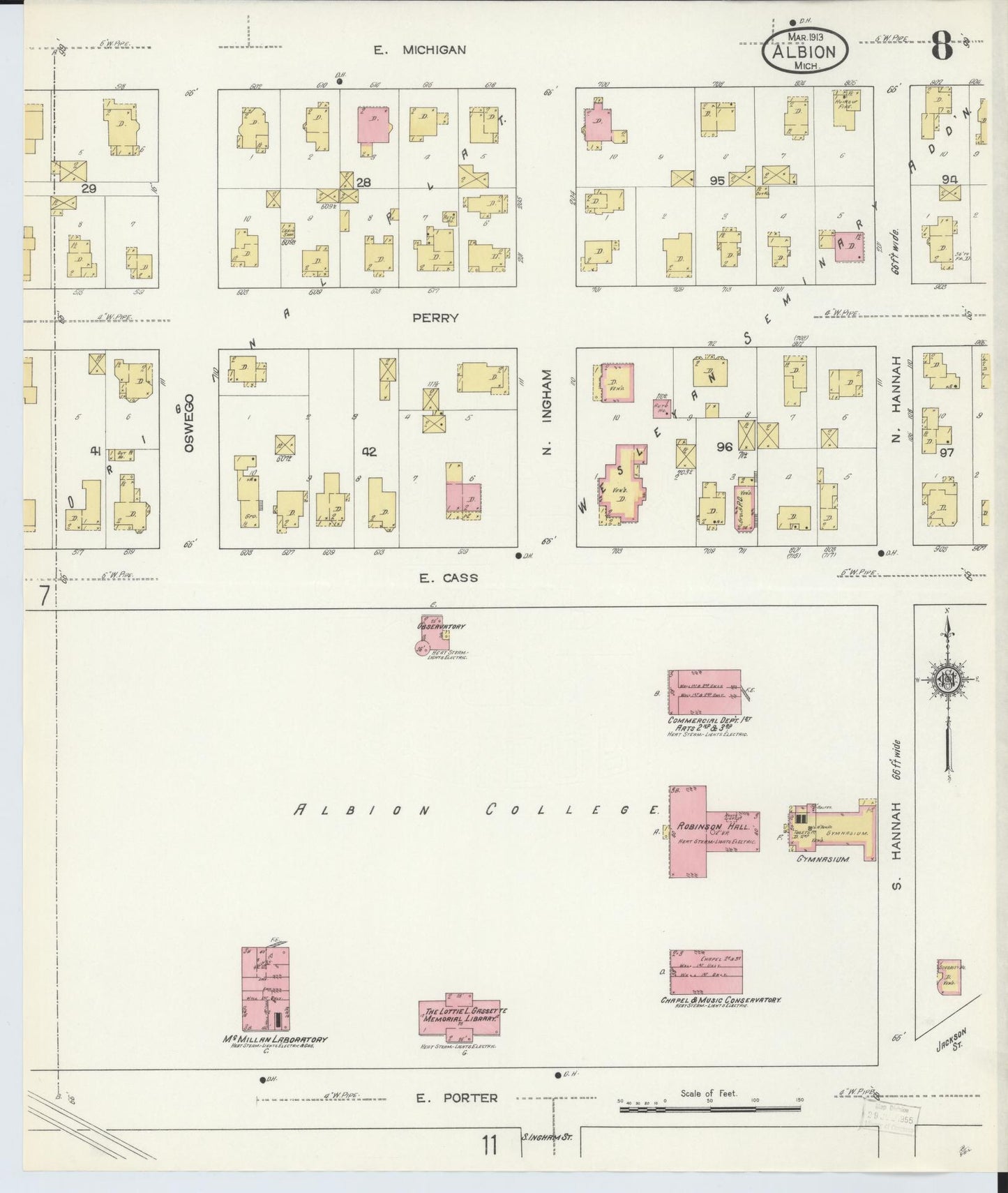 Sanborn Fire Insurance Map from Albion, Calhoun County, Michigan (1913), Sheet #0008 - Historic Sanborn Fire Insurance Map Print, vintage old map wall art, antique decor, genealogy gift, Michigan Michigan map